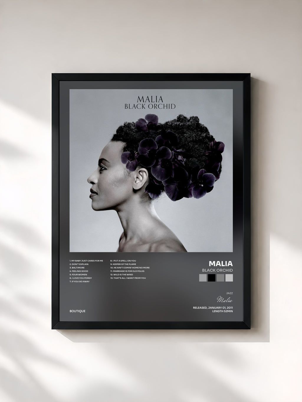 #noir Tableau de l'album Black Orchid de Malia, cadre noir, imprimé et encadré en France