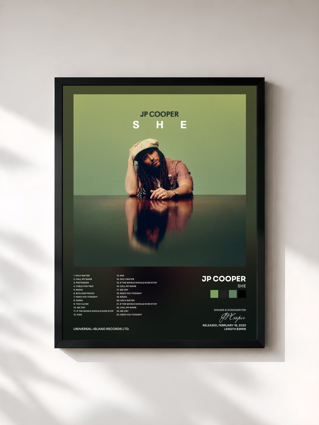#noir Tableau de l'album She de JP Cooper, cadre noir, imprimé et encadré en France