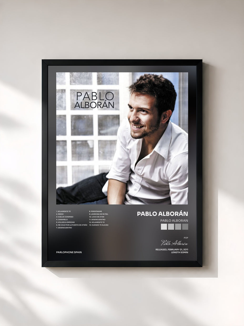 #noir Tableau de l'album Pablo Alboran de Pablo Alborán, cadre noir, imprimé et encadré en France