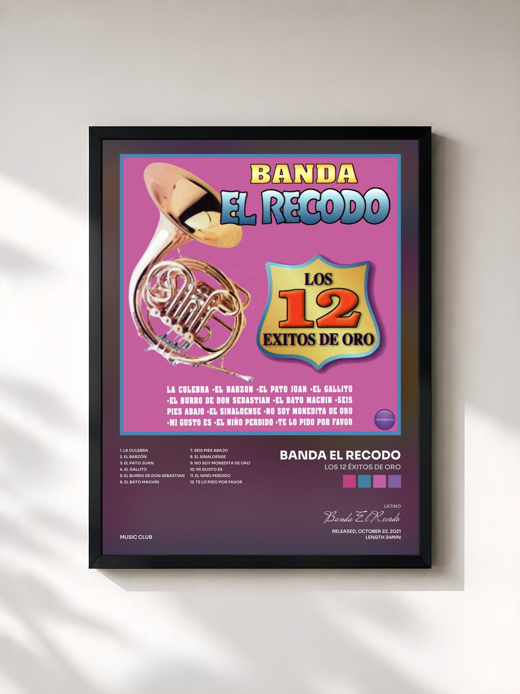 #noir Tableau de l'album Los 12 Éxitos de Oro de Banda El Recodo, cadre noir, imprimé et encadré en France