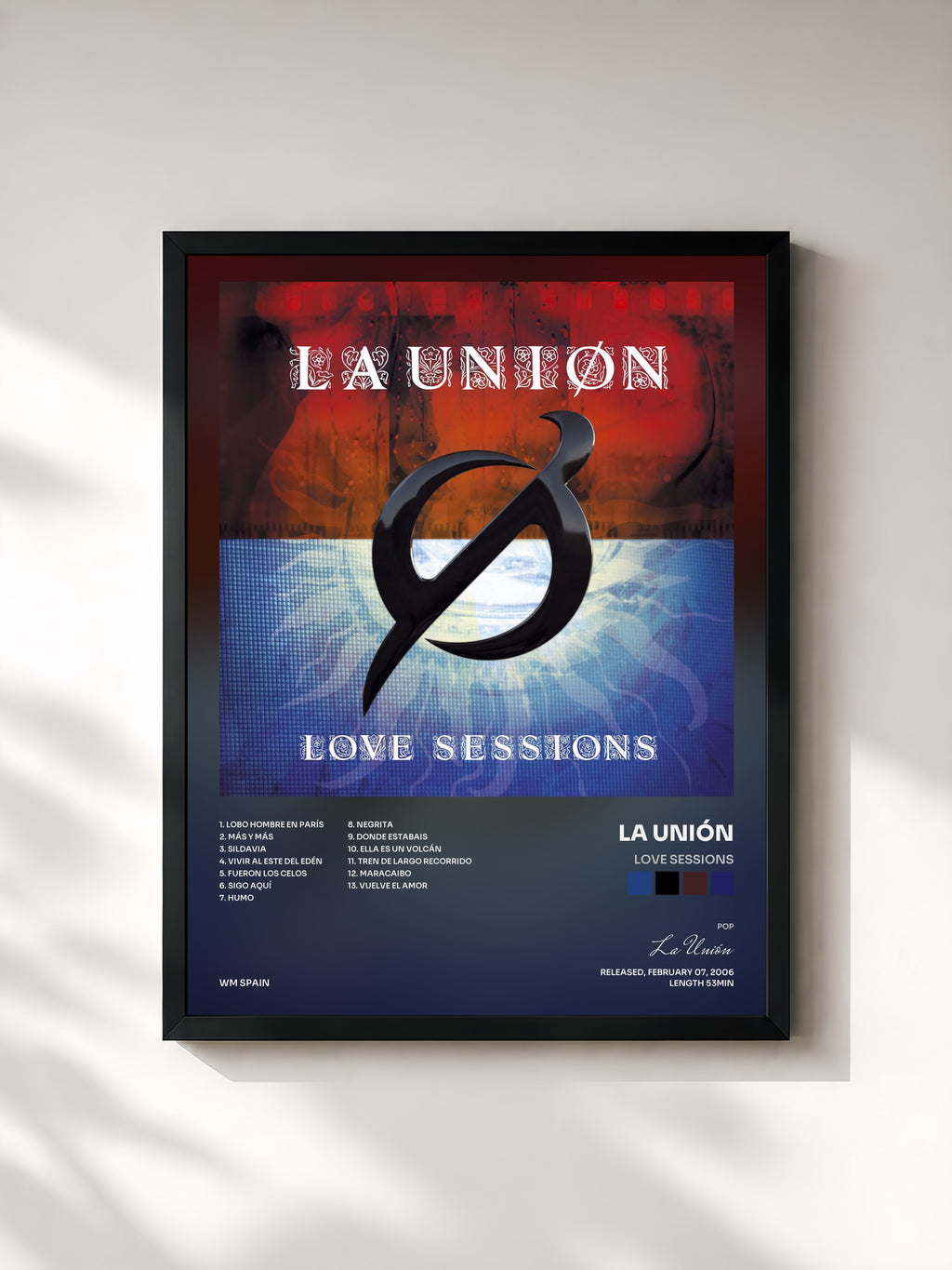 #noir Tableau de l'album Love Sessions de La Unión, cadre noir, imprimé et encadré en France
