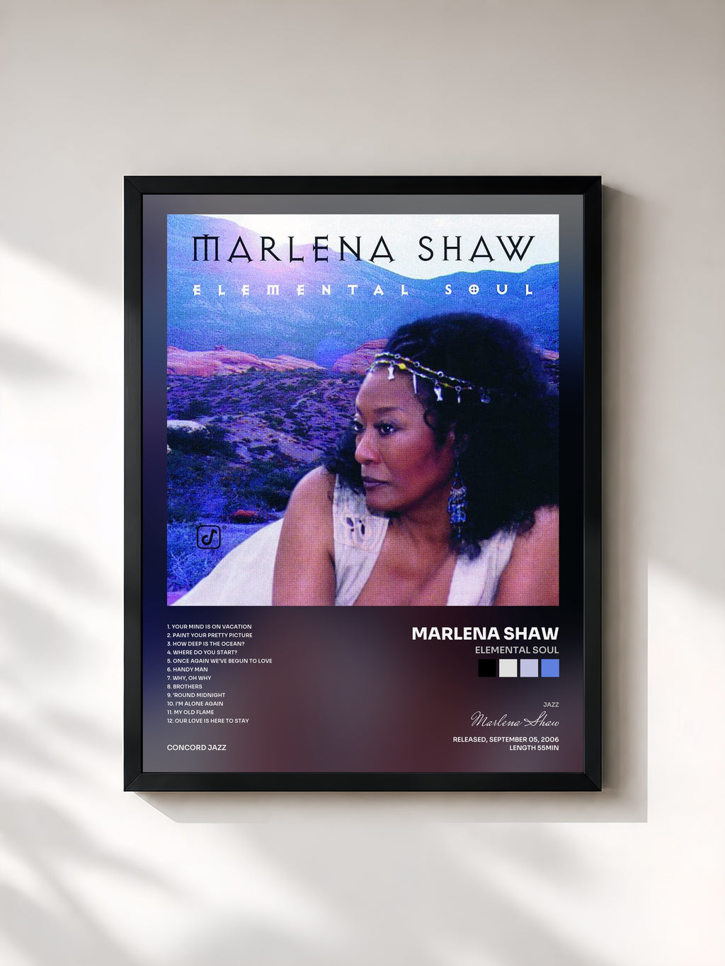 #noir Tableau de l'album Elemental Soul de Marlena Shaw, cadre noir, imprimé et encadré en France