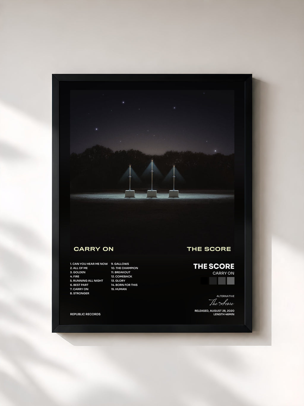 #noir Tableau de l'album Carry On de The Score, cadre noir, imprimé et encadré en France