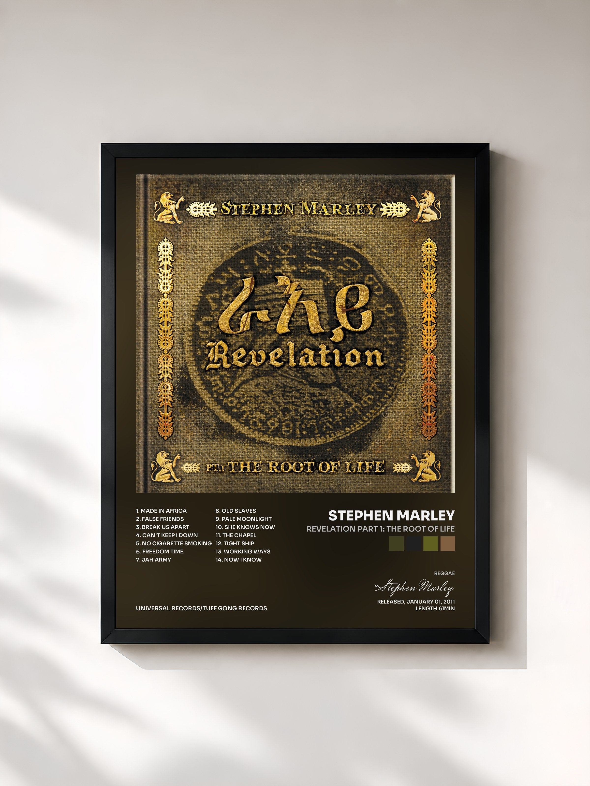 #noir Tableau de l'album Revelation Part 1: The Root Of Life de Stephen Marley, cadre noir, imprimé et encadré en France