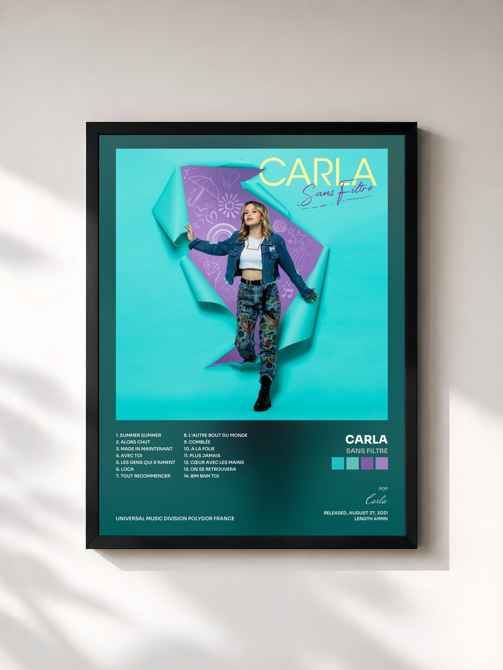 #noir Tableau de l'album Sans filtre de Carla, cadre noir, imprimé et encadré en France