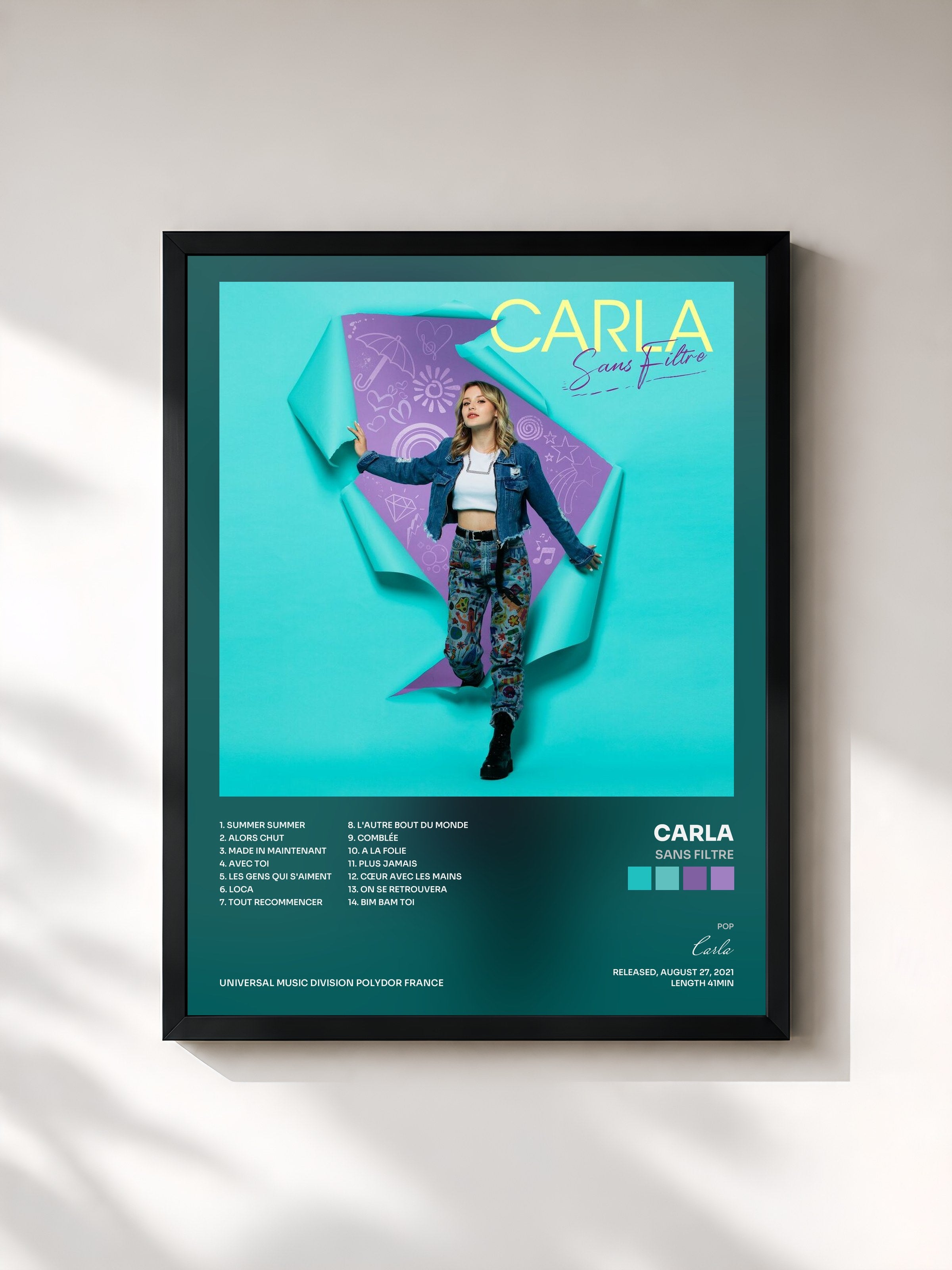 #noir Tableau de l'album Sans filtre de Carla, cadre noir, imprimé et encadré en France