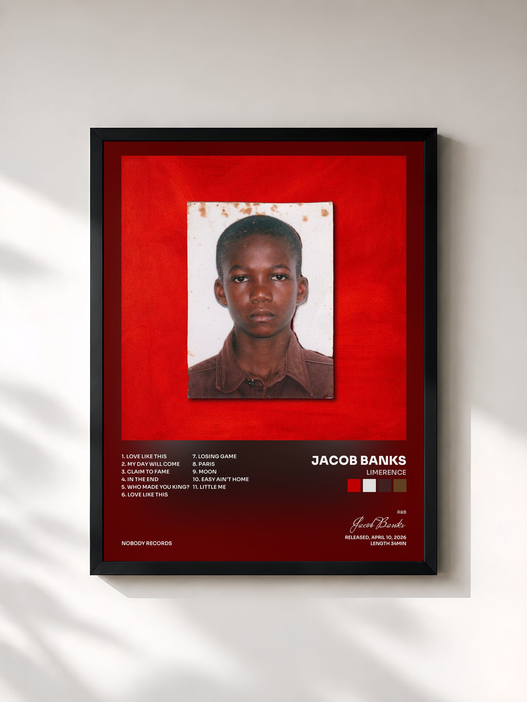 #noir Tableau de l'album Limerence de Jacob Banks, cadre noir, imprimé et encadré en France