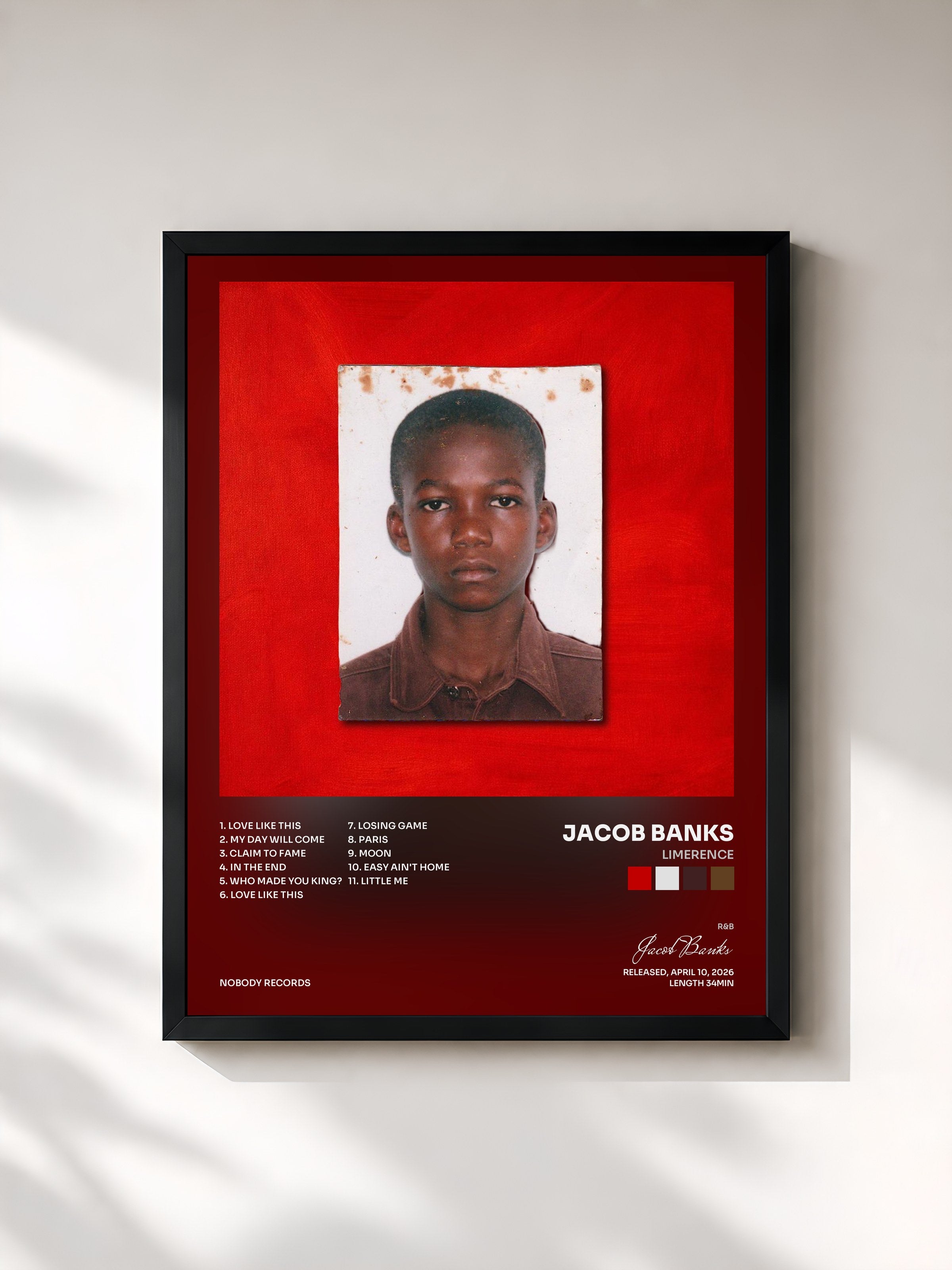 #noir Tableau de l'album Limerence de Jacob Banks, cadre noir, imprimé et encadré en France