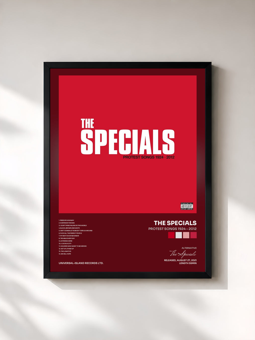 #noir Tableau de l'album Protest Songs 1924 – 2012 de The Specials, cadre noir, imprimé et encadré en France