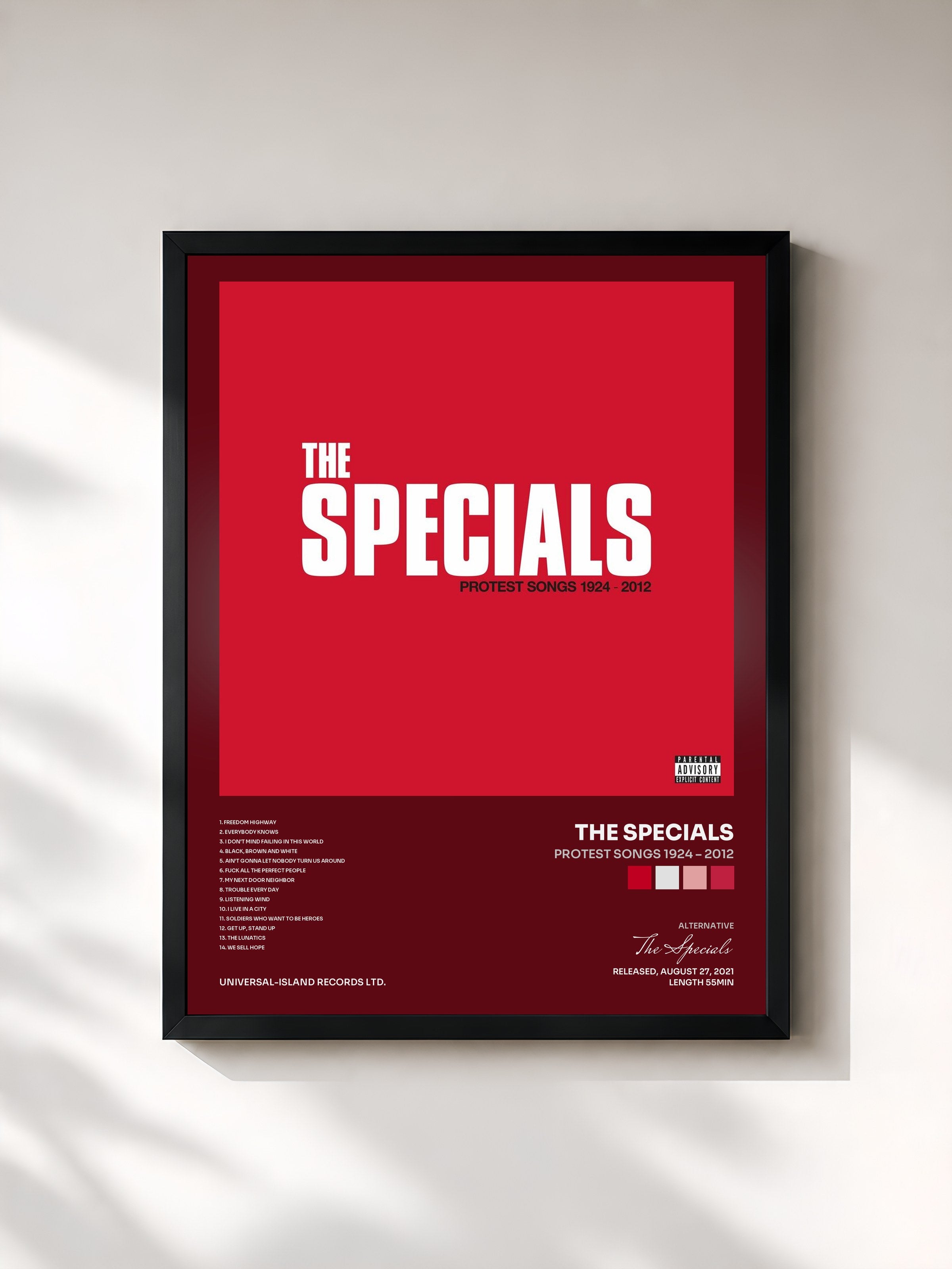 #noir Tableau de l'album Protest Songs 1924 – 2012 de The Specials, cadre noir, imprimé et encadré en France