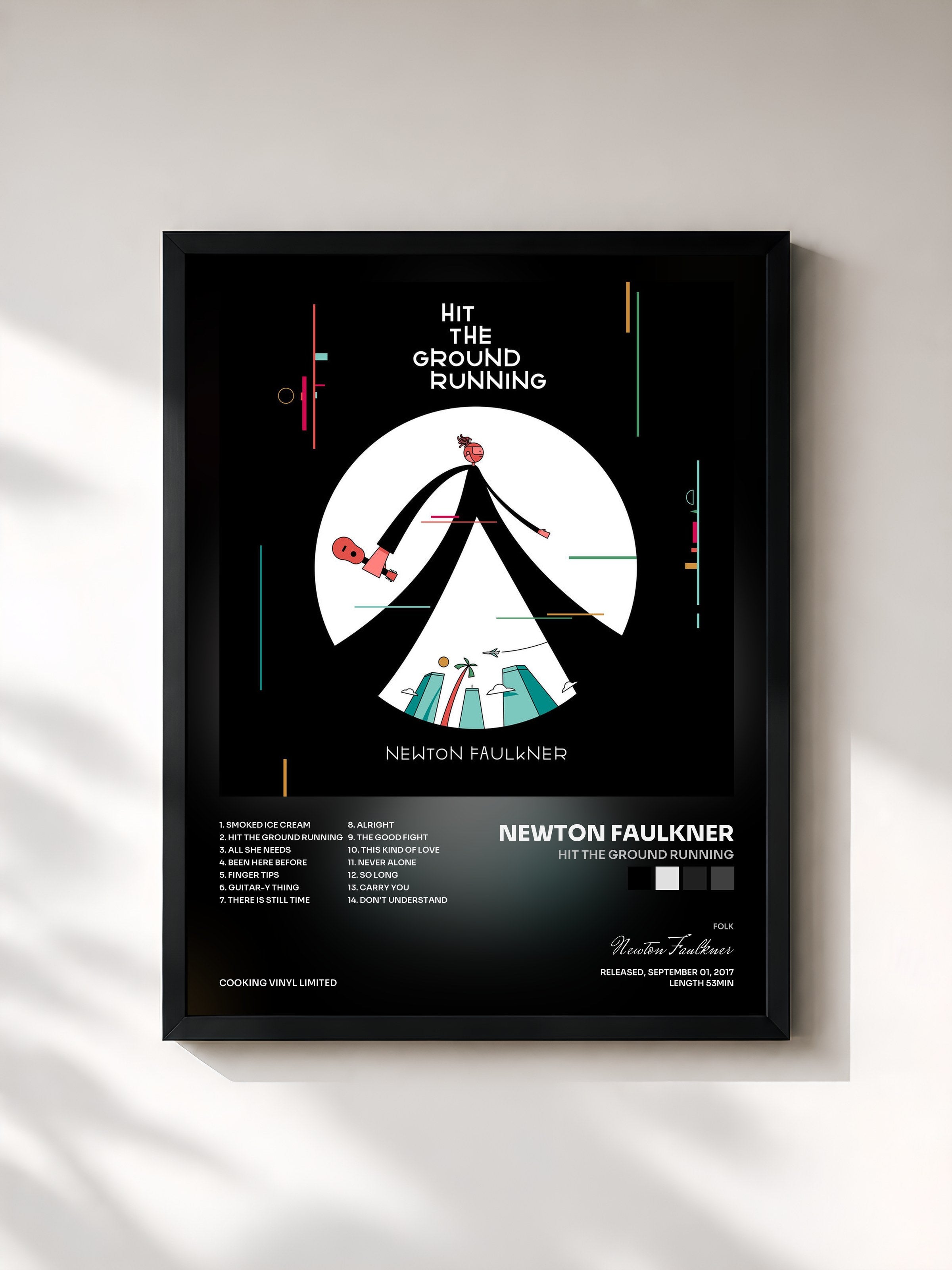 #noir Tableau de l'album Hit the Ground Running de Newton Faulkner, cadre noir, imprimé et encadré en France