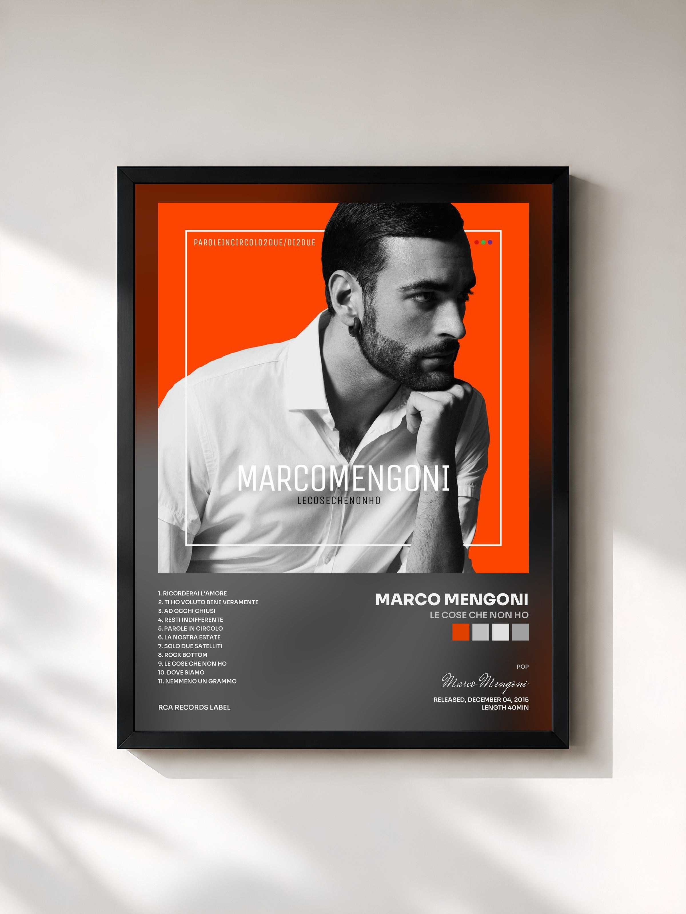 #noir Tableau de l'album Le cose che non ho de Marco Mengoni, cadre noir, imprimé et encadré en France