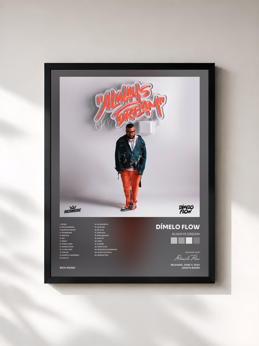 #noir Tableau de l'album Always Dream de Dímelo Flow, cadre noir, imprimé et encadré en France