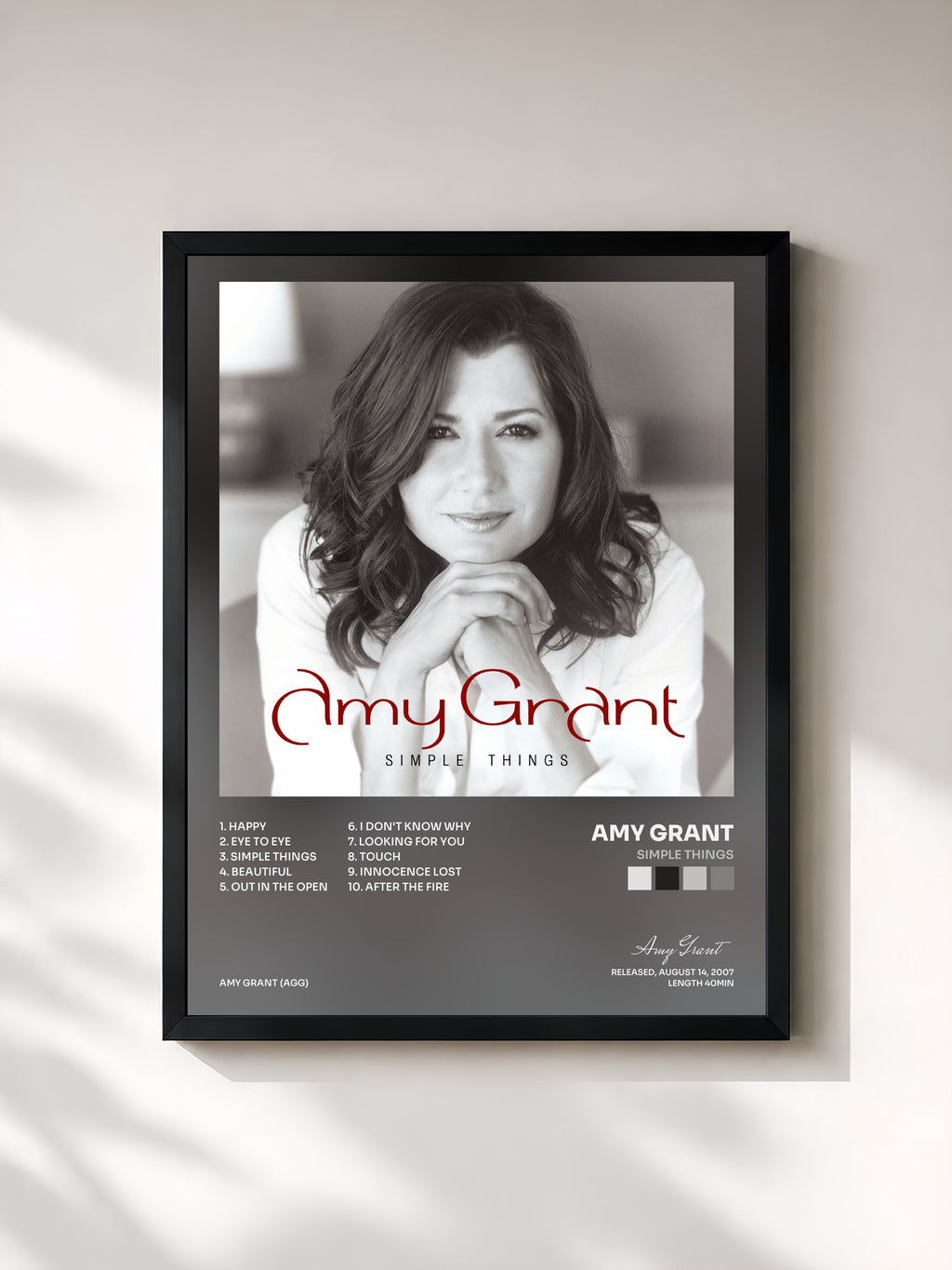 #noir Tableau de l'album Simple Things de Amy Grant, cadre noir, imprimé et encadré en France
