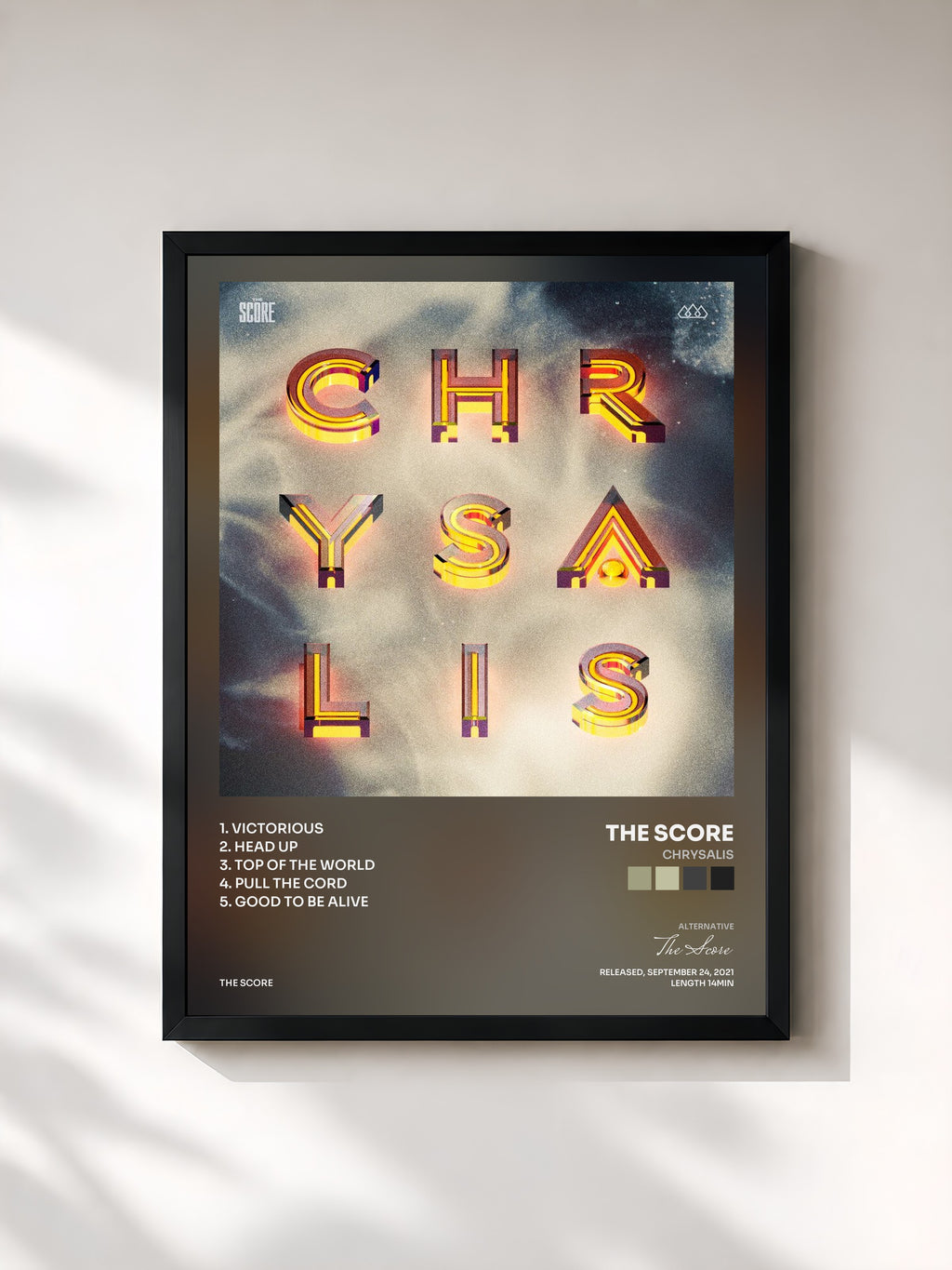 #noir Tableau de l'album Chrysalis de The Score, cadre noir, imprimé et encadré en France