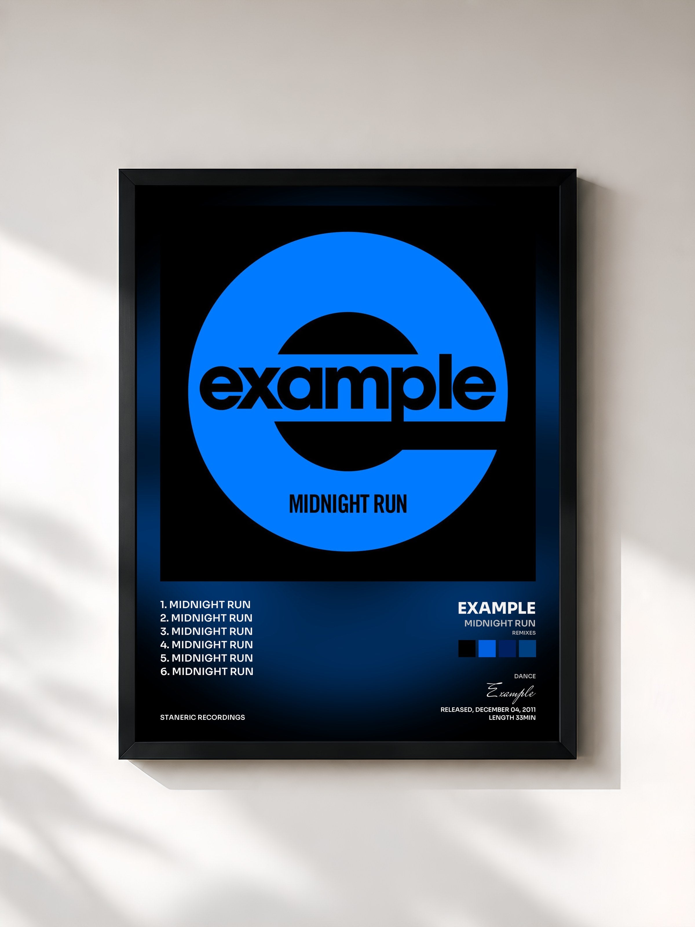 #noir Tableau de l'album Midnight Run (Remixes) de Example, cadre noir, imprimé et encadré en France