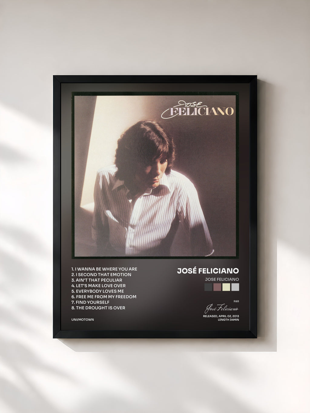 #noir Tableau de l'album Jose Feliciano de José Feliciano, cadre noir, imprimé et encadré en France