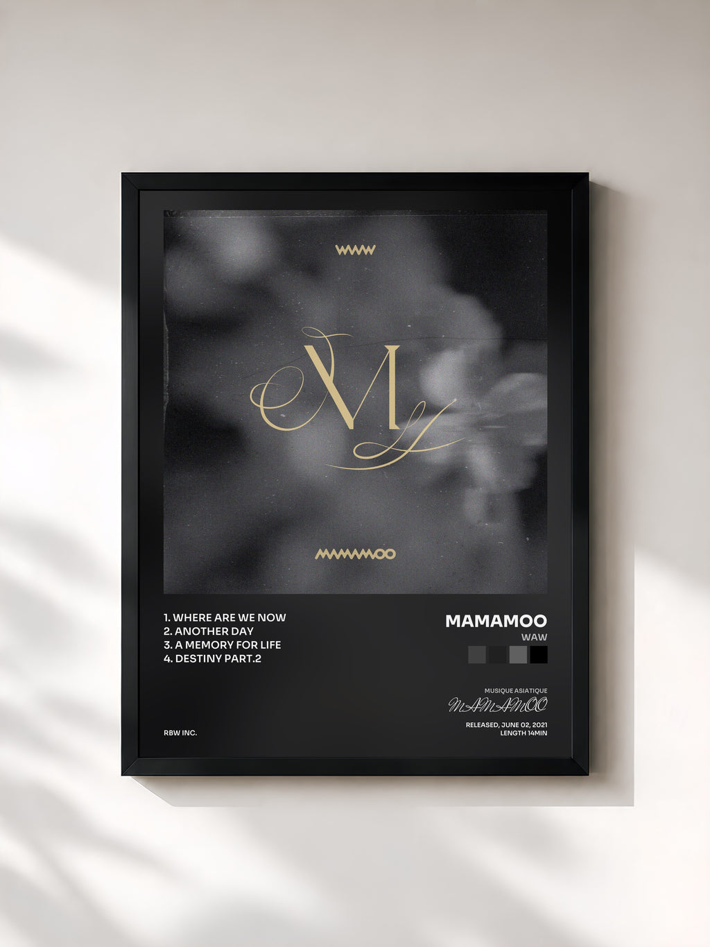 #noir Tableau de l'album WAW de MAMAMOO, cadre noir, imprimé et encadré en France