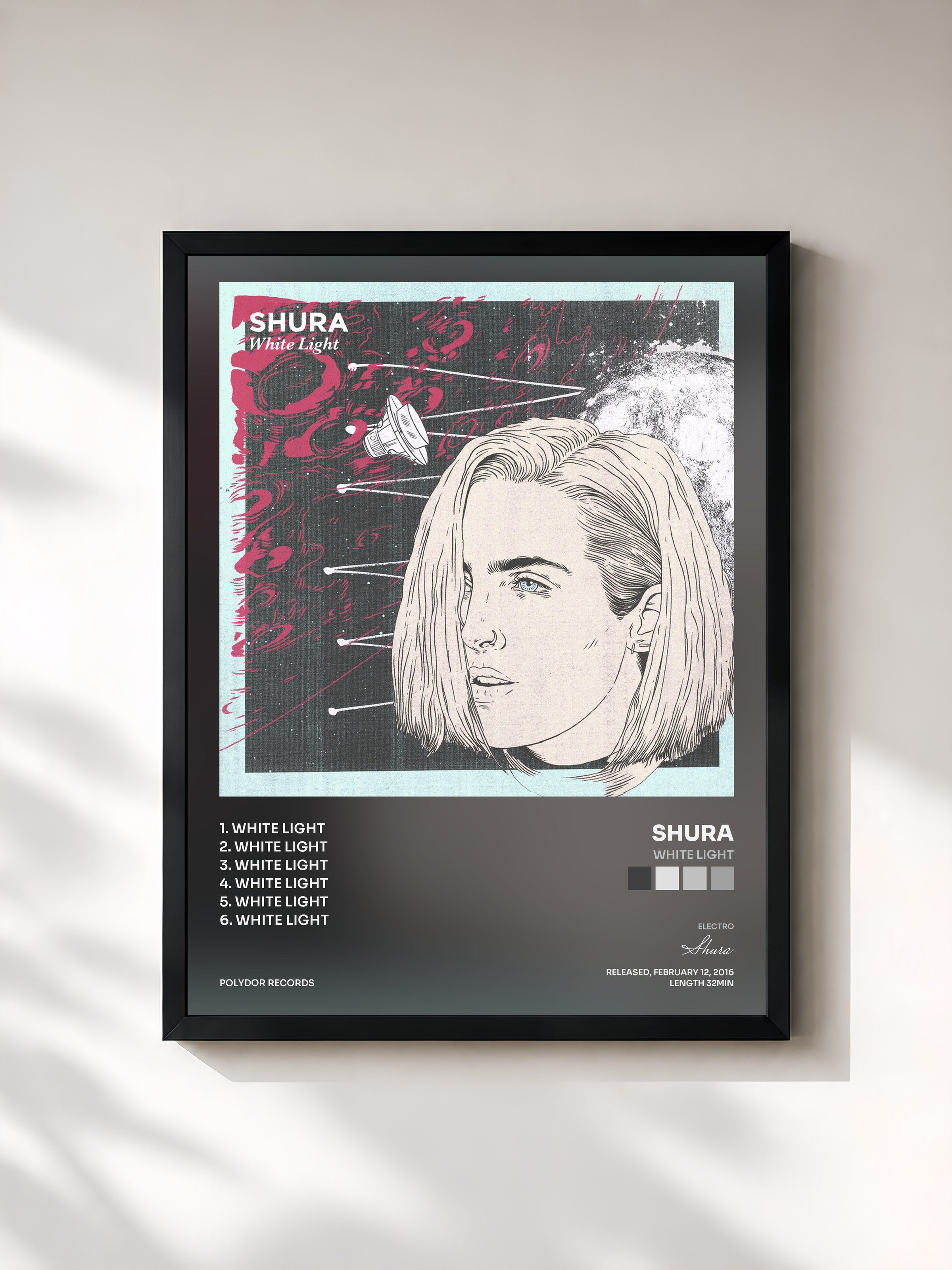 #noir Tableau de l'album White Light de Shura, cadre noir, imprimé et encadré en France