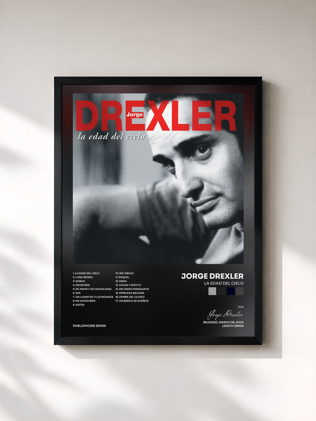 #noir Tableau de l'album La Edad Del Cielo de Jorge Drexler, cadre noir, imprimé et encadré en France