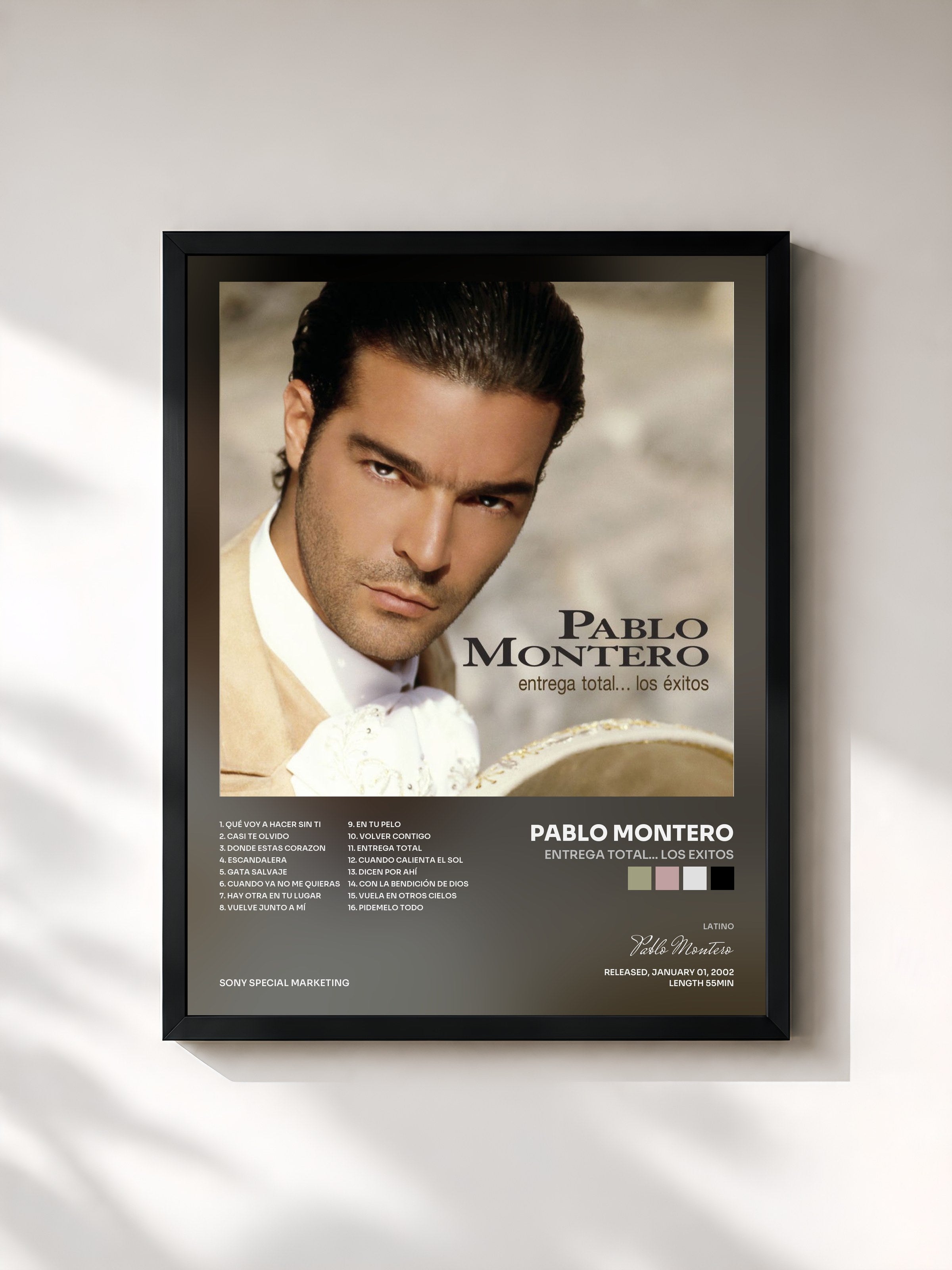 #noir Tableau de l'album Entrega Total... Los Exitos de Pablo Montero, cadre noir, imprimé et encadré en France
