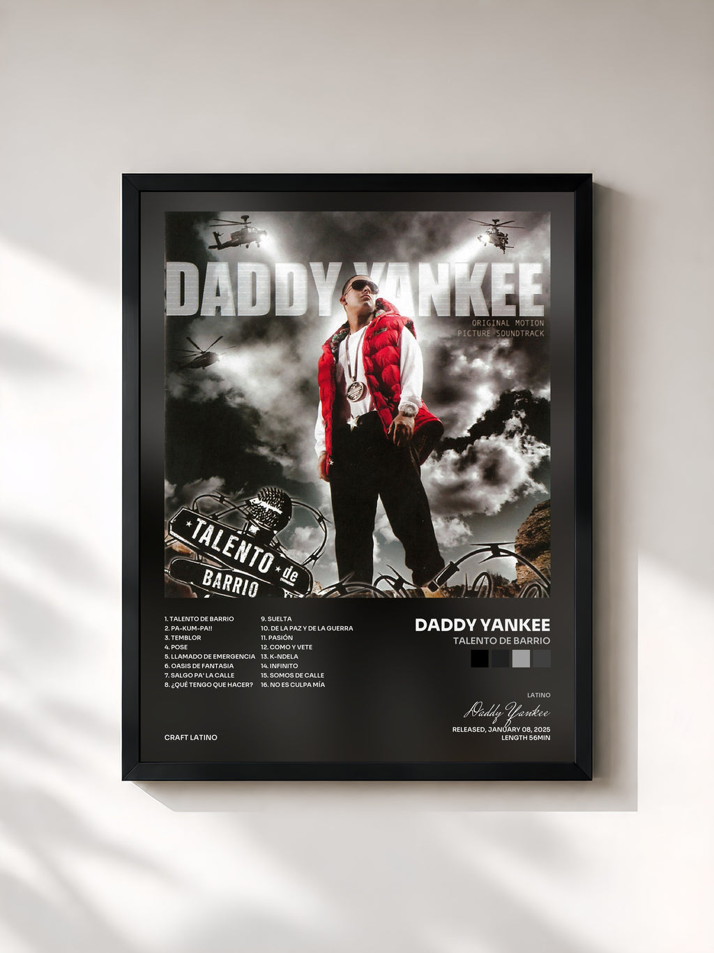 #noir Tableau de l'album Talento de Barrio de Daddy Yankee, cadre noir, imprimé et encadré en France