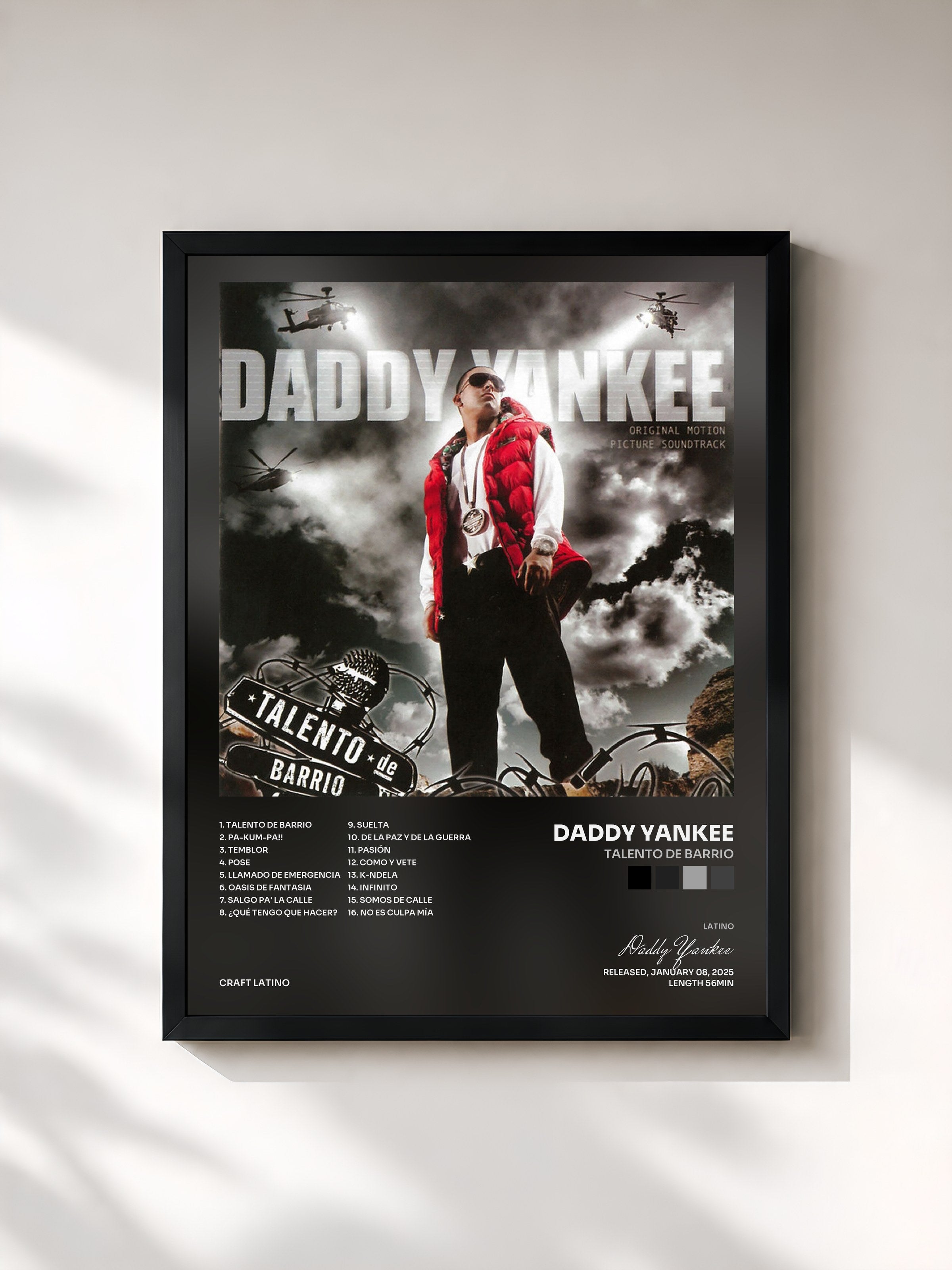 #noir Tableau de l'album Talento de Barrio de Daddy Yankee, cadre noir, imprimé et encadré en France