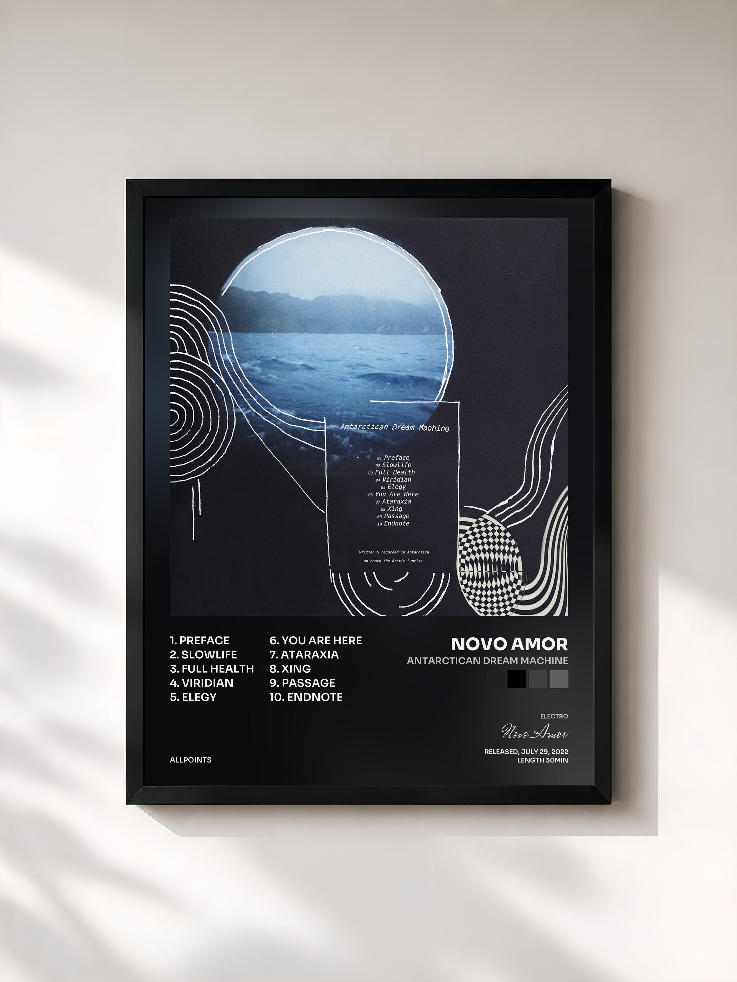 #noir Tableau de l'album Antarctican Dream Machine de Novo Amor, cadre noir, imprimé et encadré en France