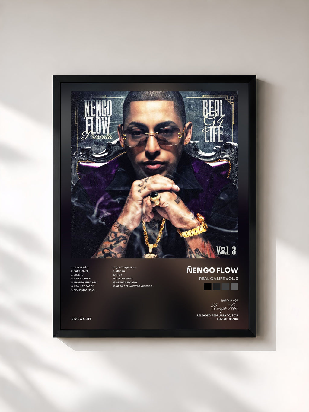#noir Tableau de l'album Real G4 Life Vol. 3 de Ñengo Flow, cadre noir, imprimé et encadré en France