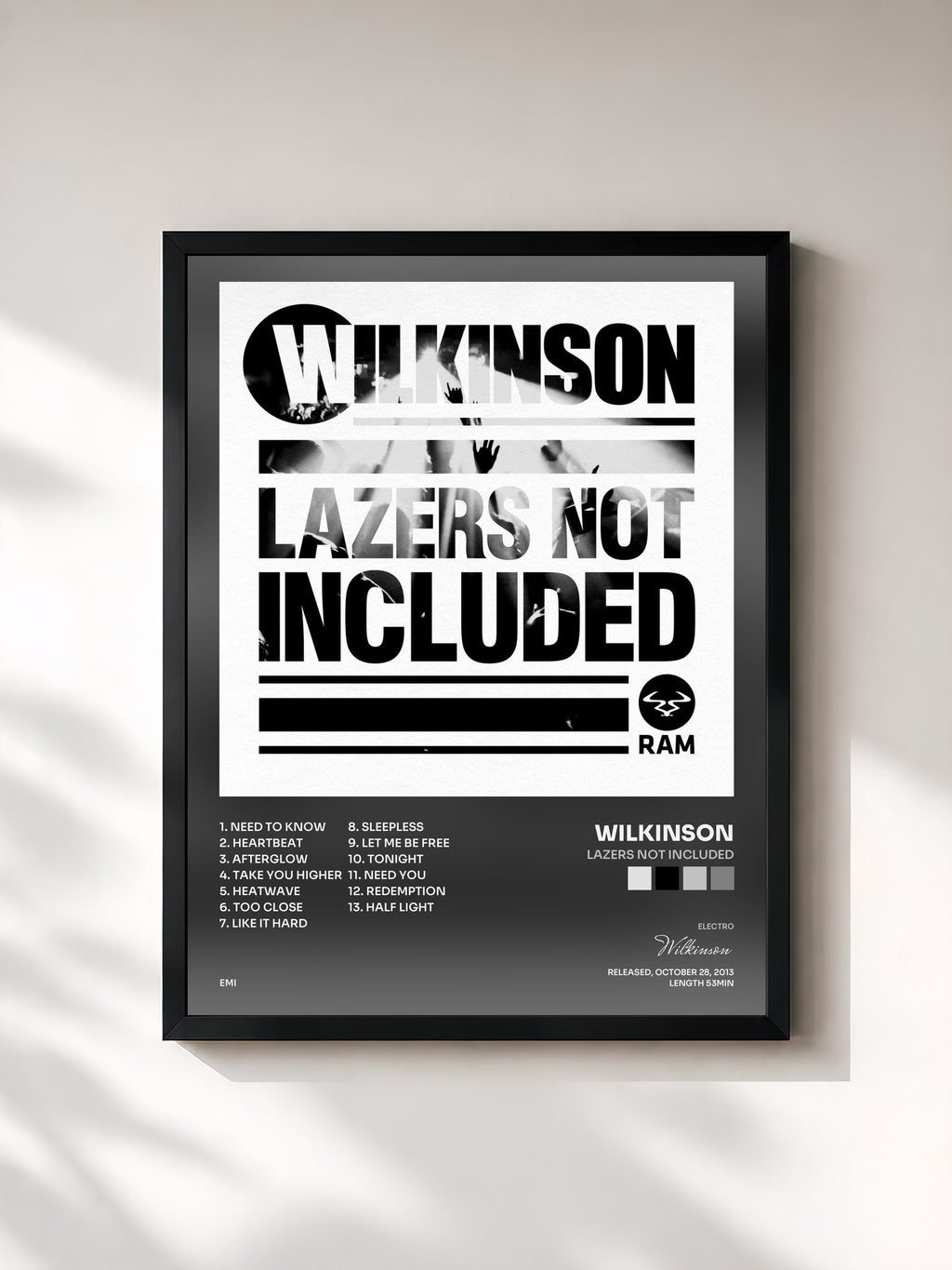#noir Tableau de l'album Lazers Not Included de Wilkinson, cadre noir, imprimé et encadré en France