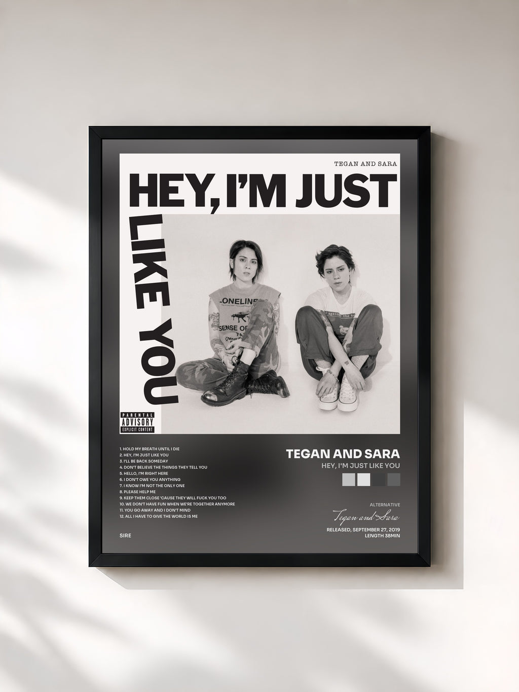 #noir Tableau de l'album Hey, I'm Just like You de Tegan and Sara, cadre noir, imprimé et encadré en France