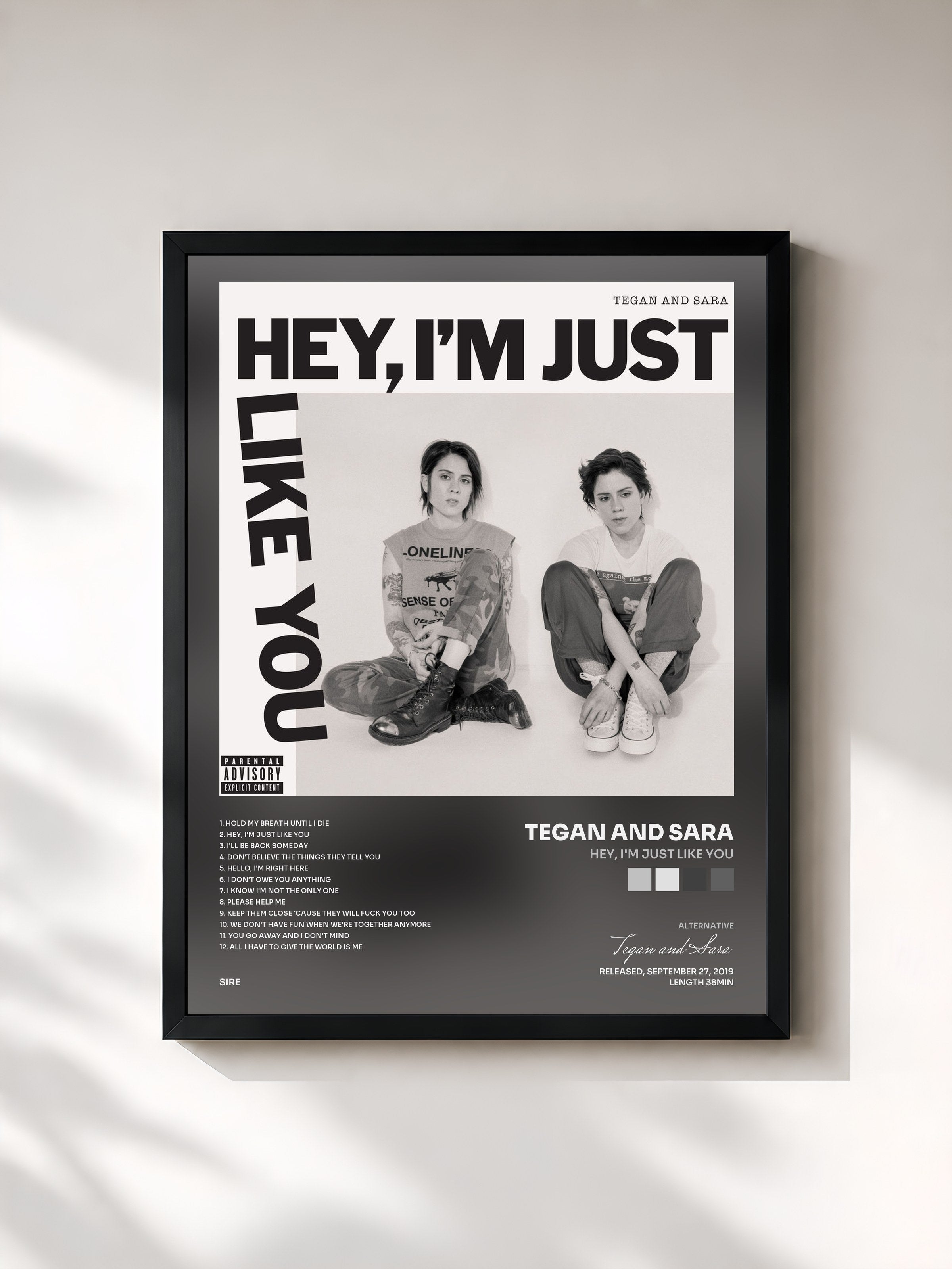 #noir Tableau de l'album Hey, I'm Just like You de Tegan and Sara, cadre noir, imprimé et encadré en France