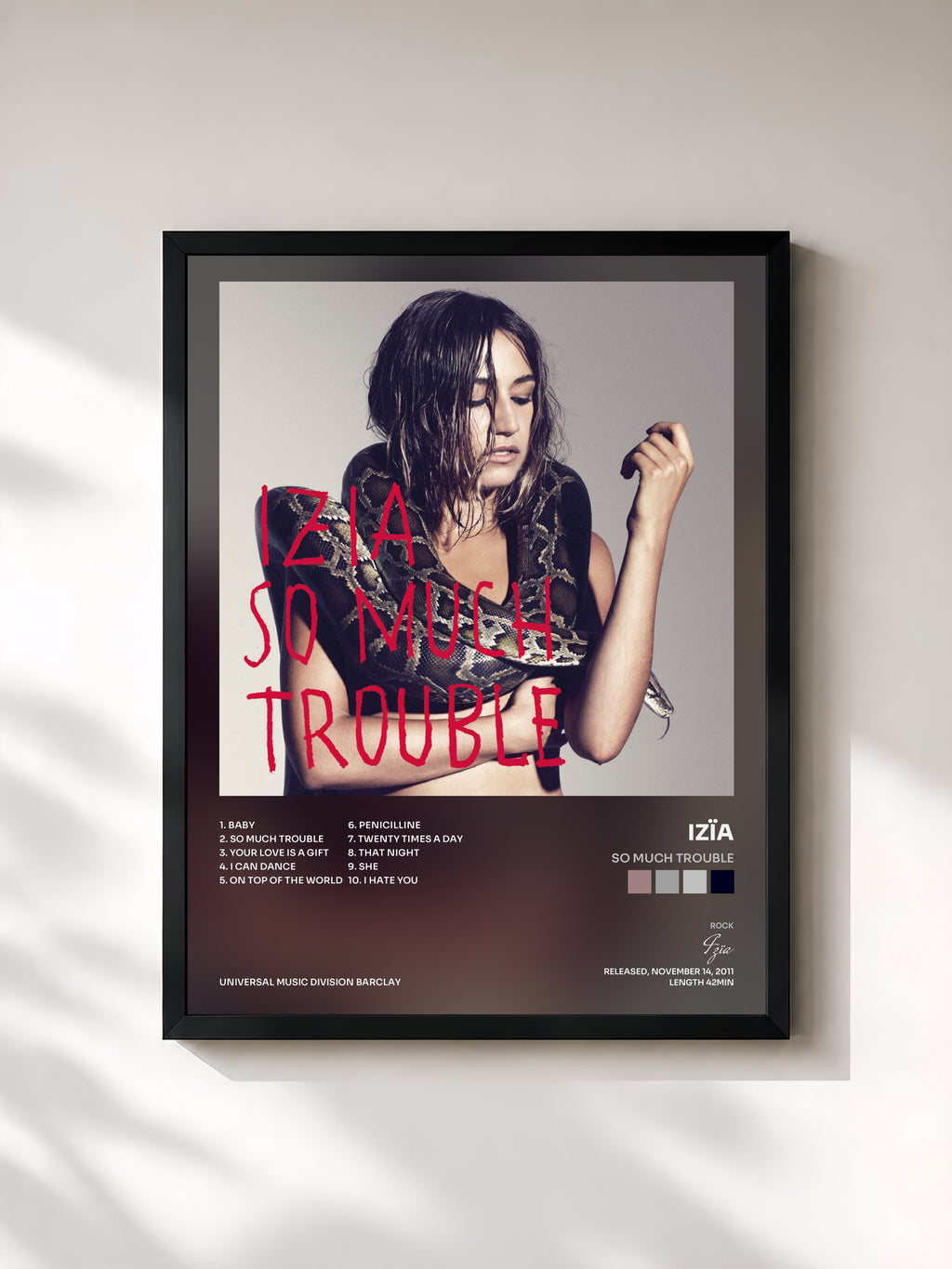 #noir Tableau de l'album So Much Trouble de Izïa, cadre noir, imprimé et encadré en France