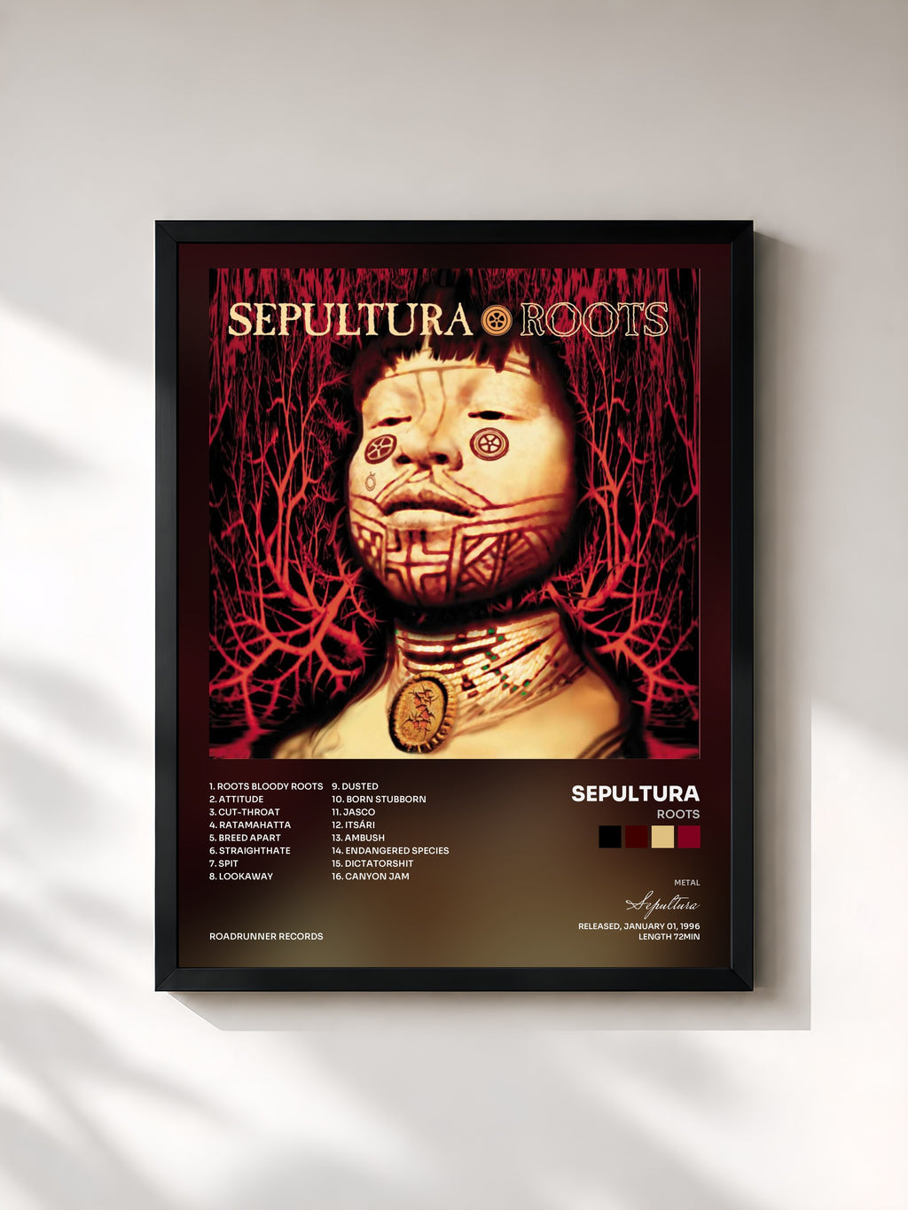 #noir Tableau de l'album Roots de Sepultura, cadre noir, imprimé et encadré en France