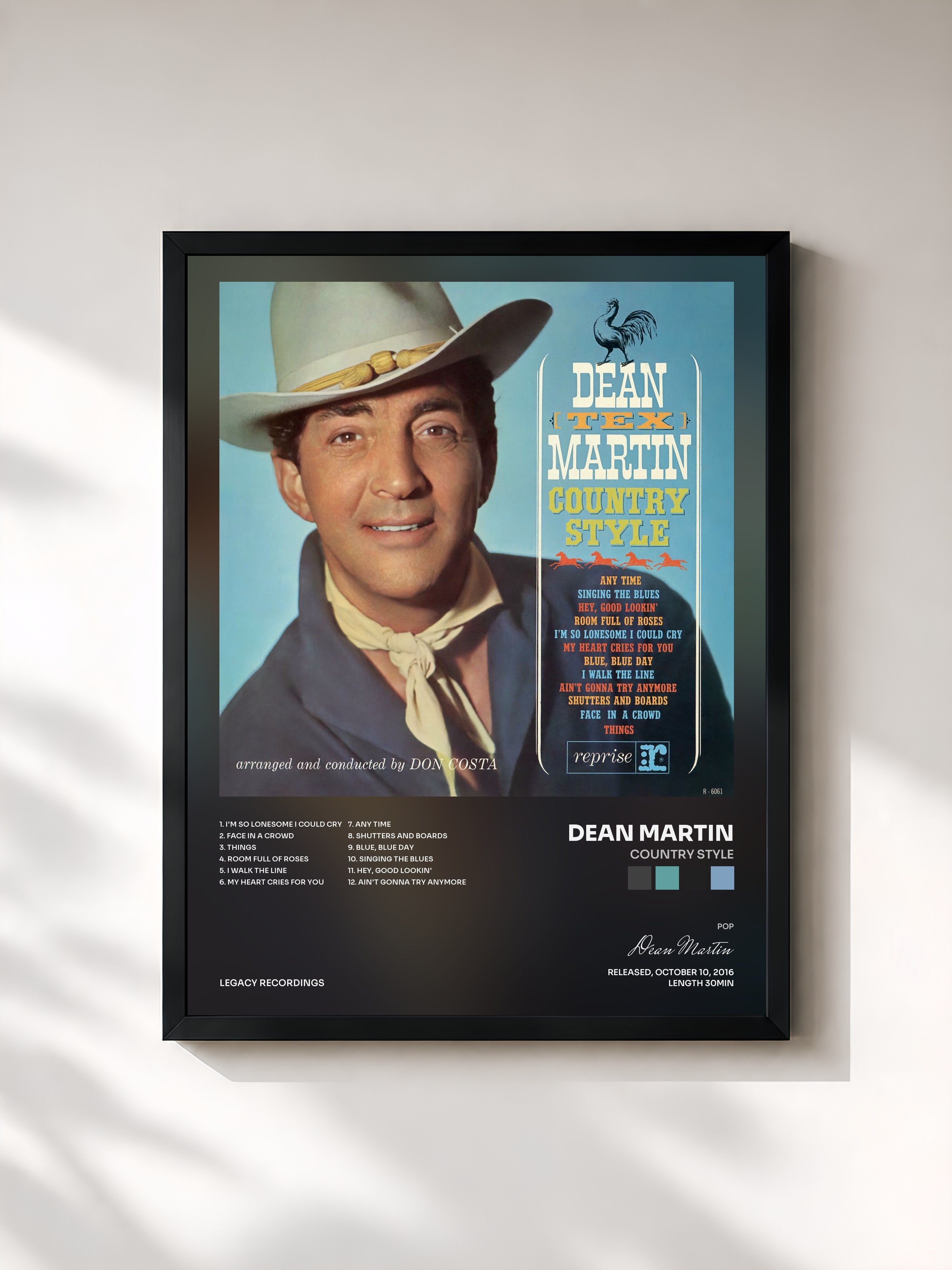 #noir Tableau de l'album Country Style de Dean Martin, cadre noir, imprimé et encadré en France