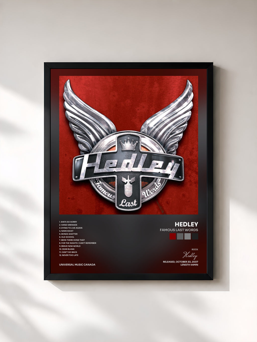 #noir Tableau de l'album Famous Last Words de Hedley, cadre noir, imprimé et encadré en France