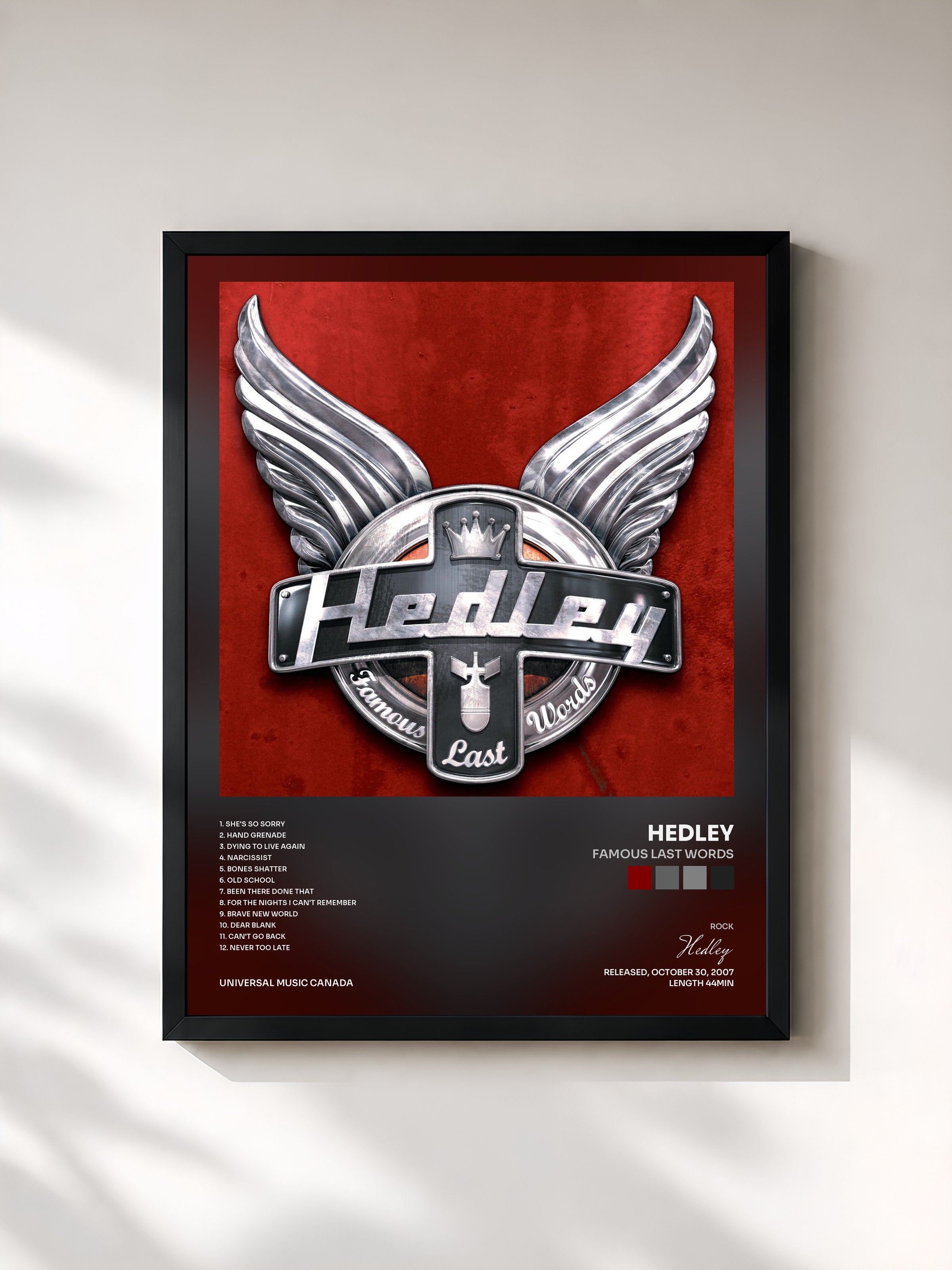 #noir Tableau de l'album Famous Last Words de Hedley, cadre noir, imprimé et encadré en France