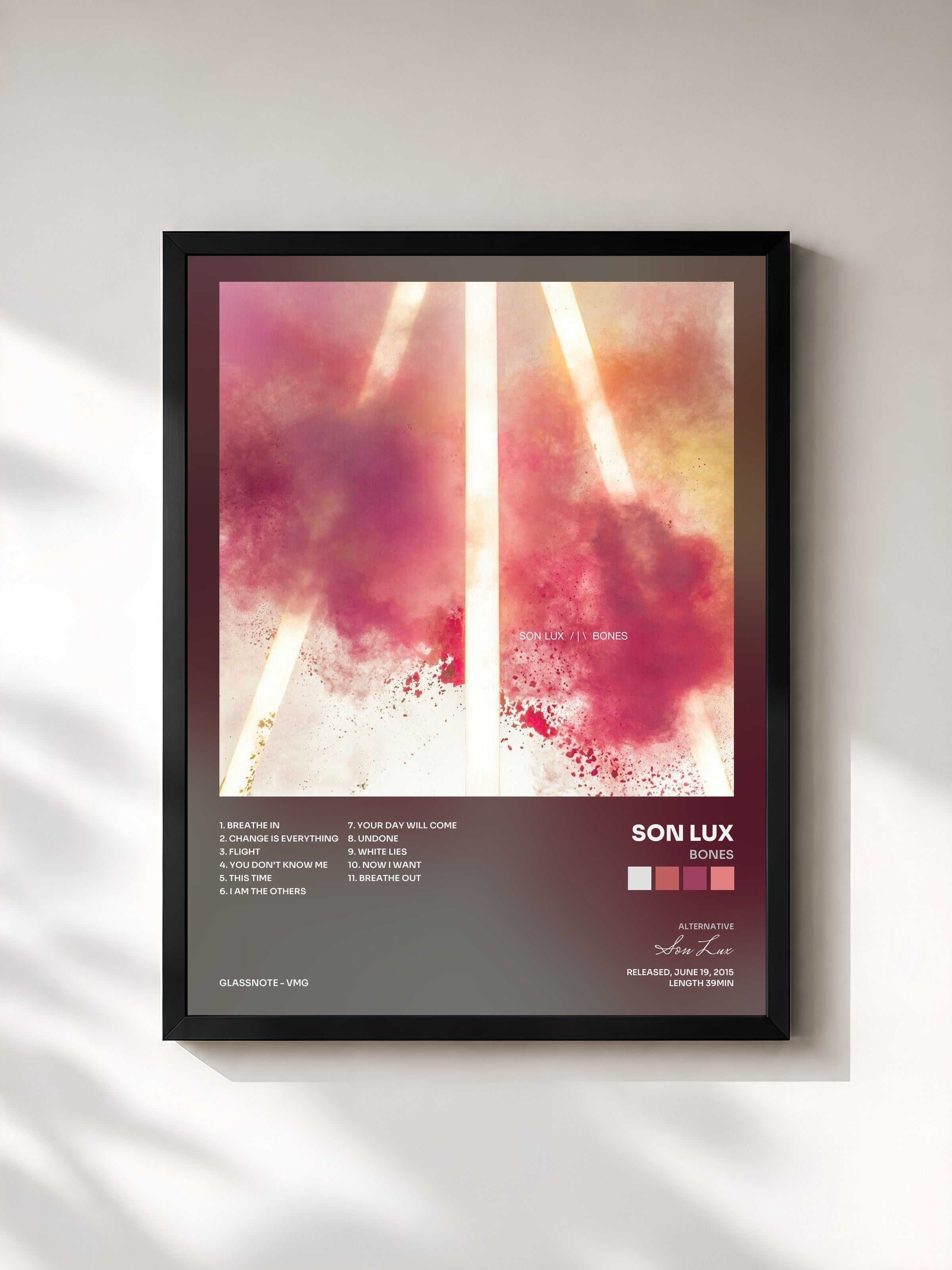 #noir Tableau de l'album Bones de Son Lux, cadre noir, imprimé et encadré en France