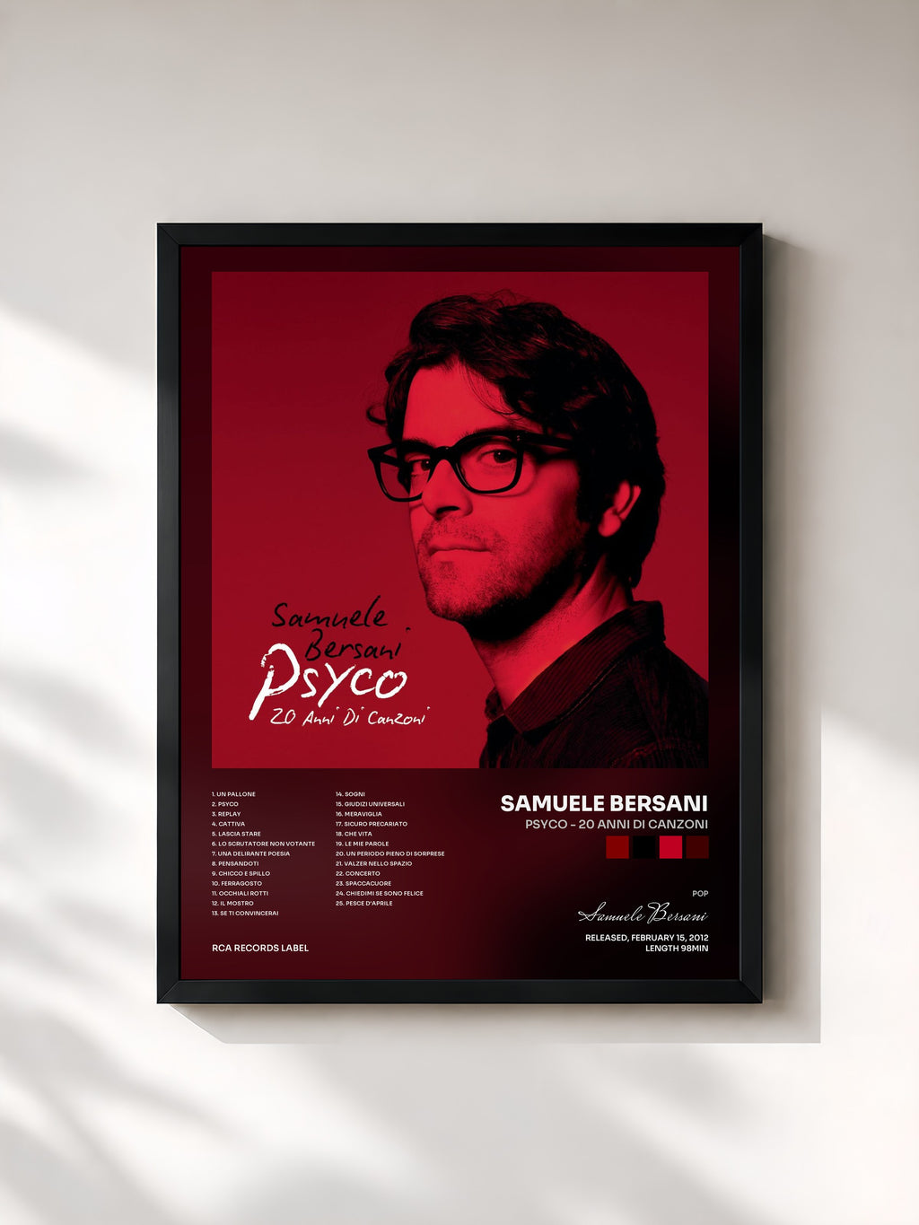 #noir Tableau de l'album Psyco - 20 anni di canzoni de Samuele Bersani, cadre noir, imprimé et encadré en France
