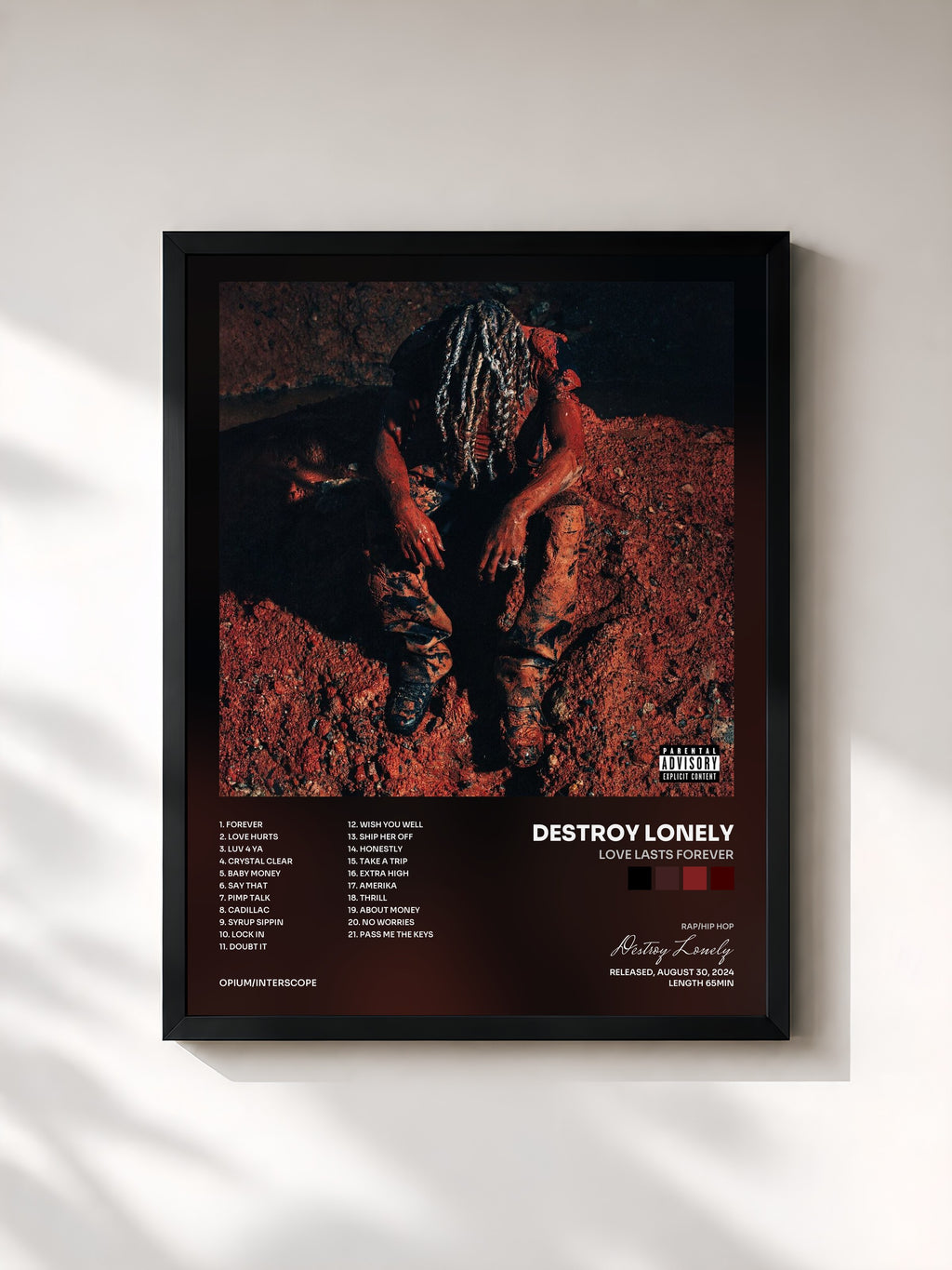 #noir Tableau de l'album LOVE LASTS FOREVER de Destroy Lonely, cadre noir, imprimé et encadré en France