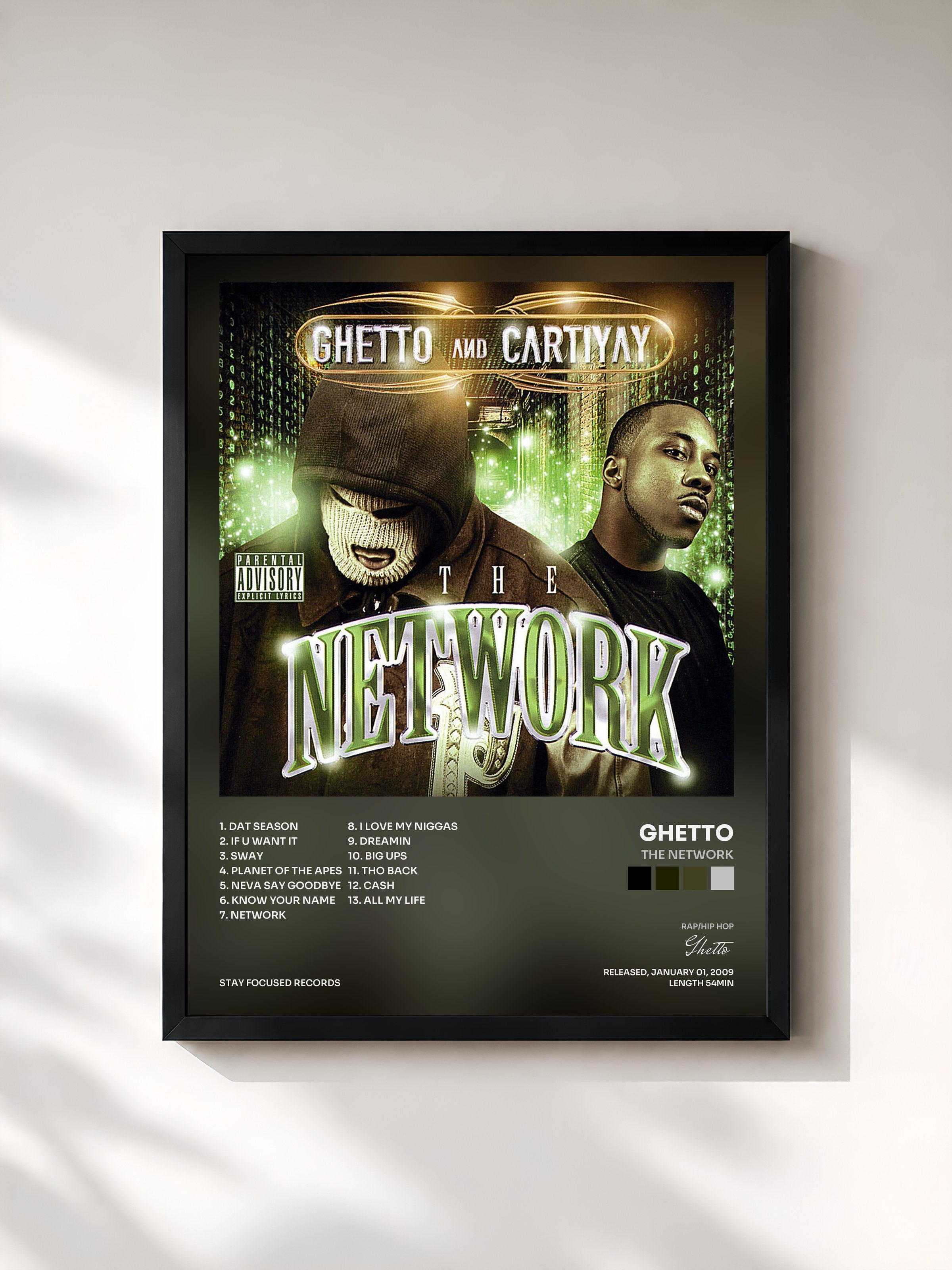 #noir Tableau de l'album The Network de Ghetto, cadre noir, imprimé et encadré en France