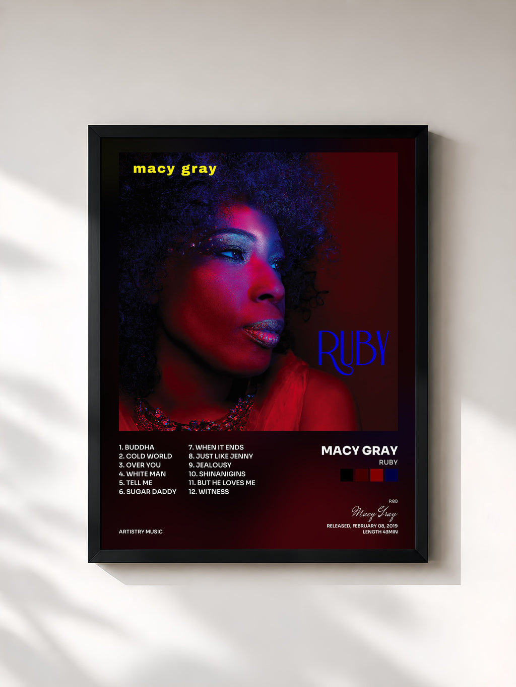 #noir Tableau de l'album Ruby de Macy Gray, cadre noir, imprimé et encadré en France
