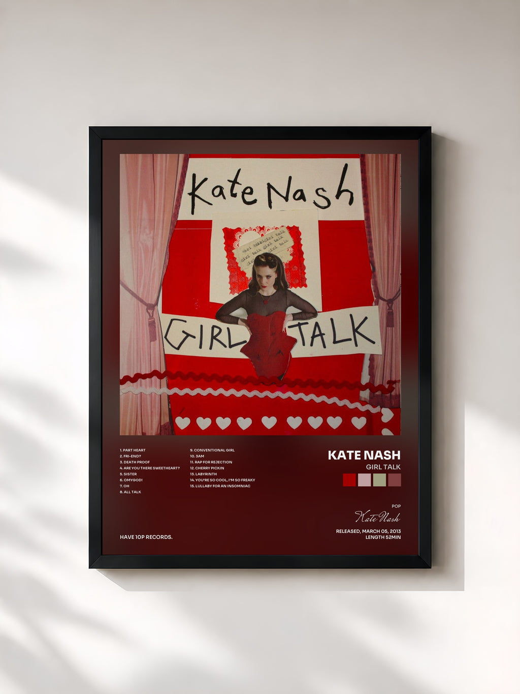 #noir Tableau de l'album Girl Talk de Kate Nash, cadre noir, imprimé et encadré en France