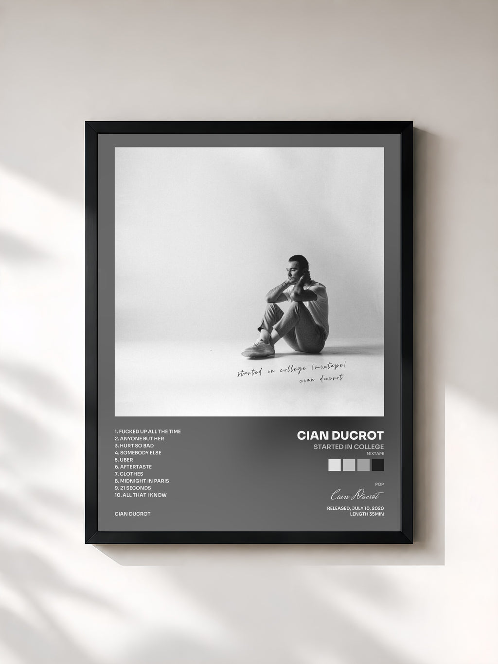 #noir Tableau de l'album started in college (mixtape) de Cian Ducrot, cadre noir, imprimé et encadré en France