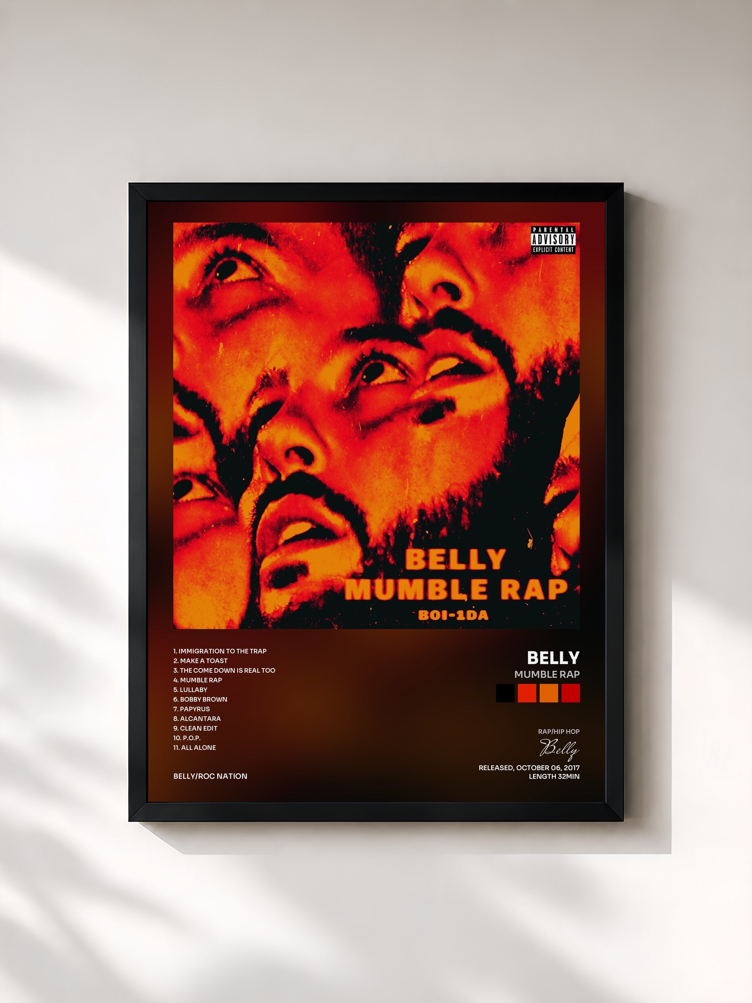 #noir Tableau de l'album Mumble Rap de Belly, cadre noir, imprimé et encadré en France