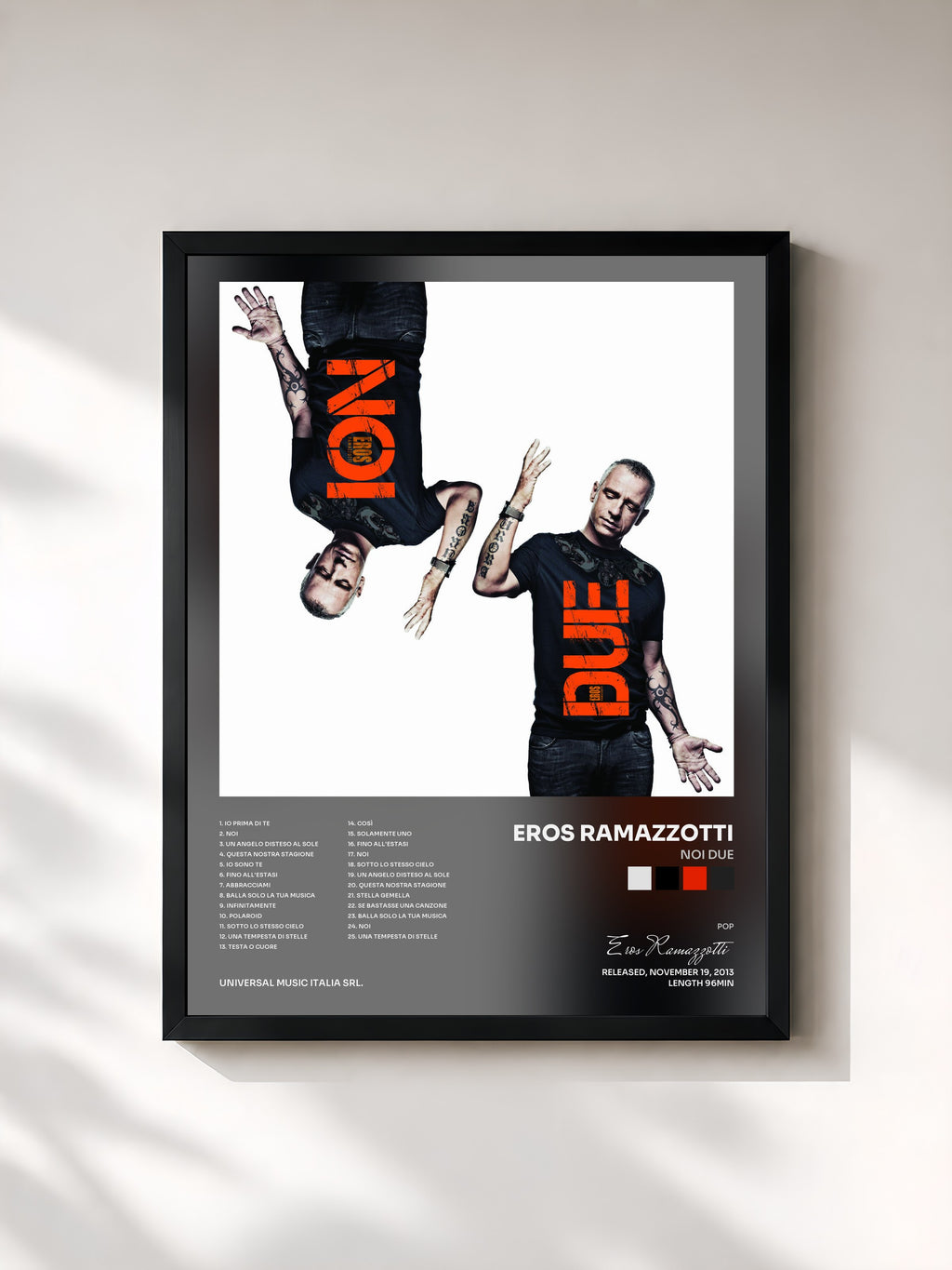 #noir Tableau de l'album Noi Due de Eros Ramazzotti, cadre noir, imprimé et encadré en France
