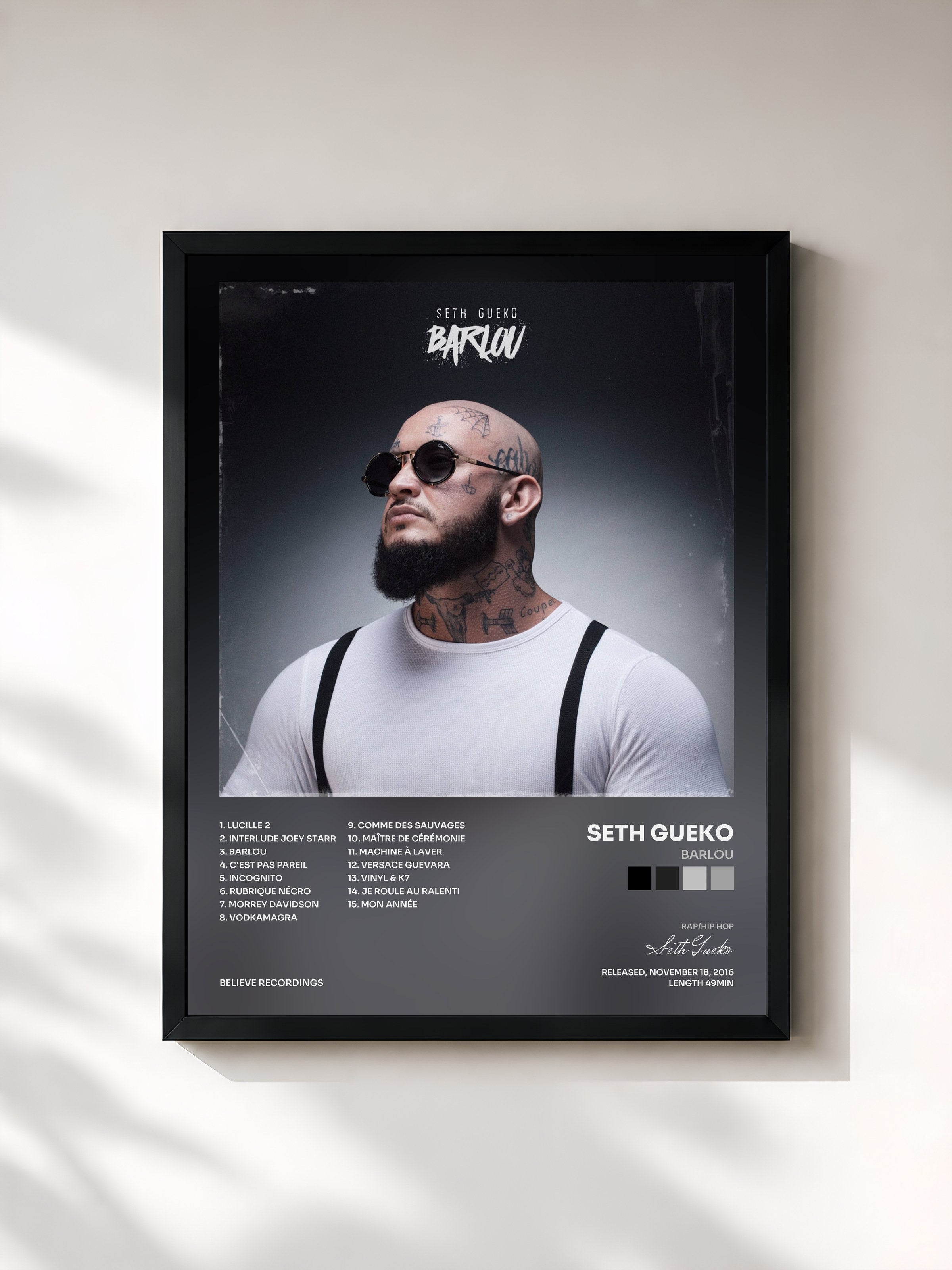 #noir Tableau de l'album Barlou de Seth Gueko, cadre noir, imprimé et encadré en France
