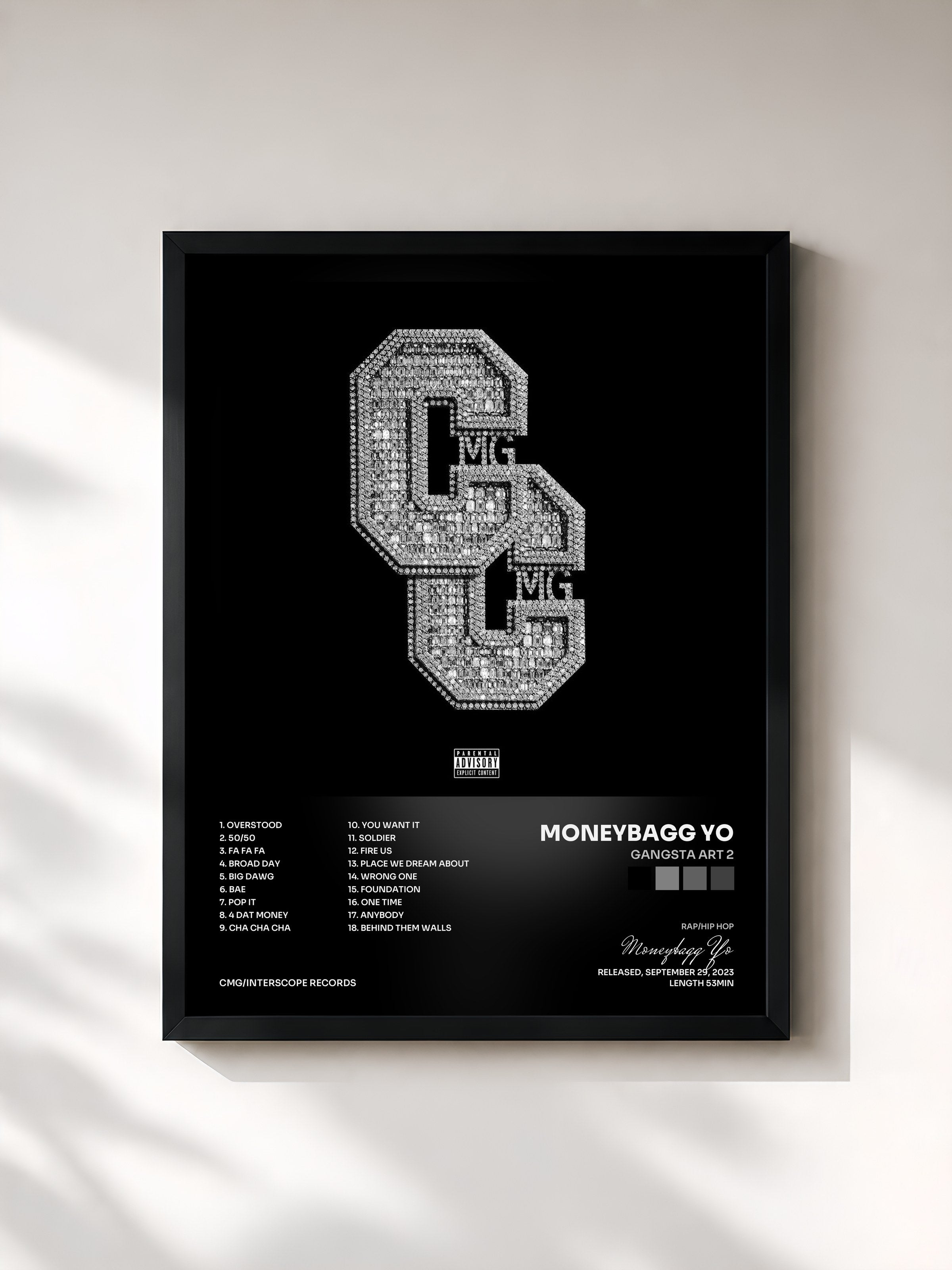 #noir Tableau de l'album Gangsta Art 2 de Moneybagg Yo, cadre noir, imprimé et encadré en France
