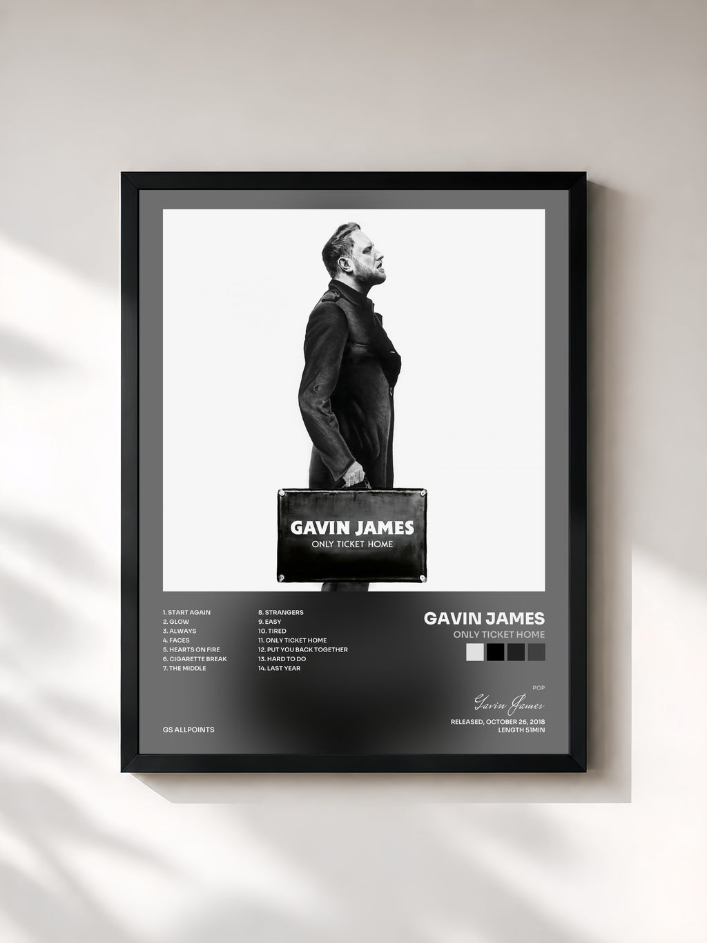 #noir Tableau de l'album Only Ticket Home de Gavin James, cadre noir, imprimé et encadré en France