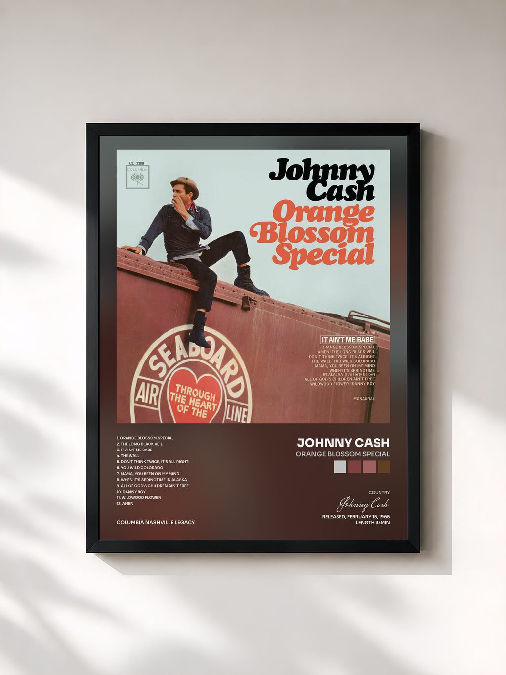 #noir Tableau de l'album Orange Blossom Special de Johnny Cash, cadre noir, imprimé et encadré en France